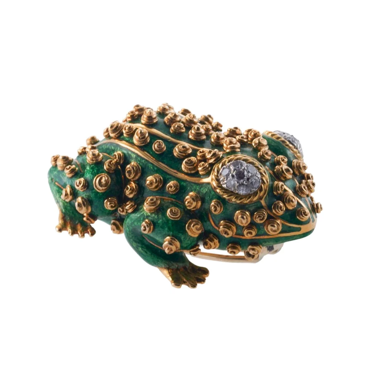 David Webb Gold Diamond Enamel Frog Brooch Pin