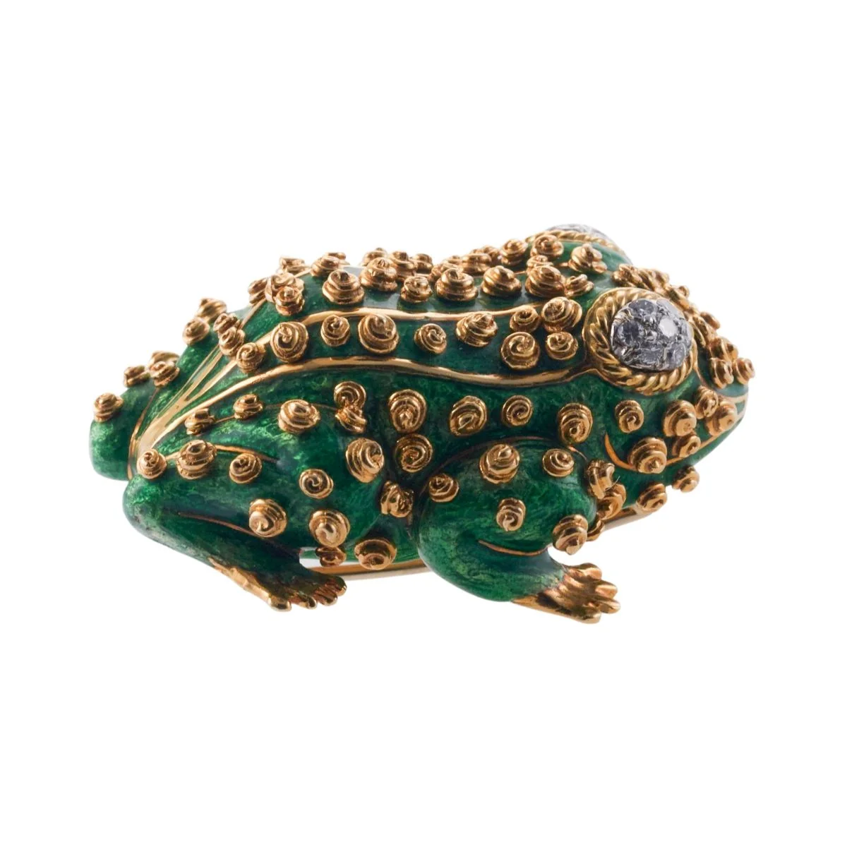David Webb Gold Diamond Enamel Frog Brooch Pin