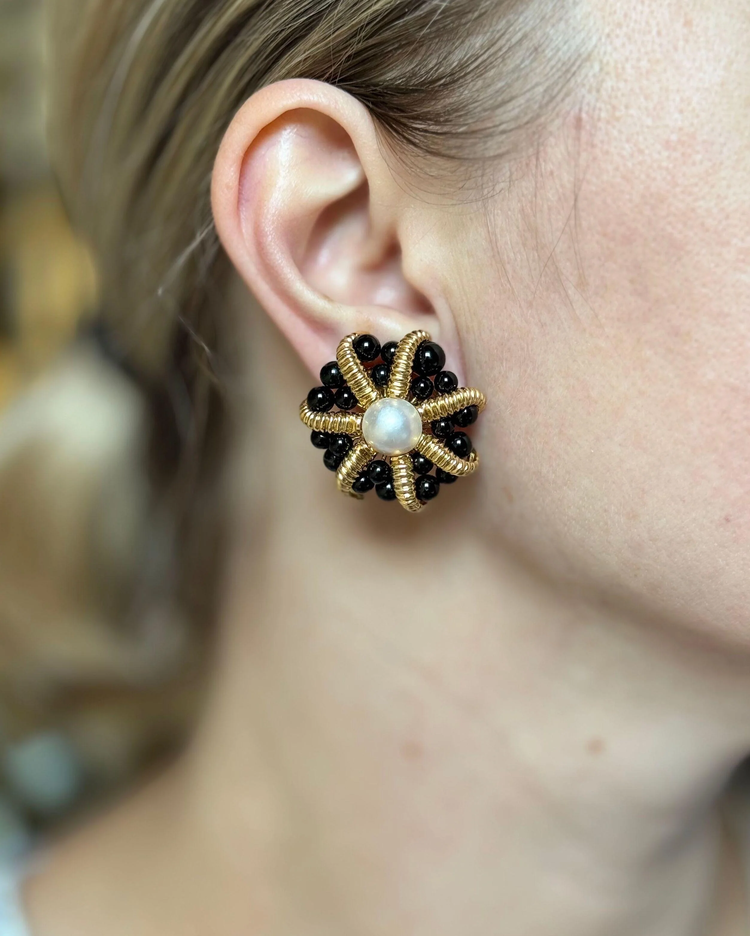 Tiffany Co Gold Onyx Pearl Earrings