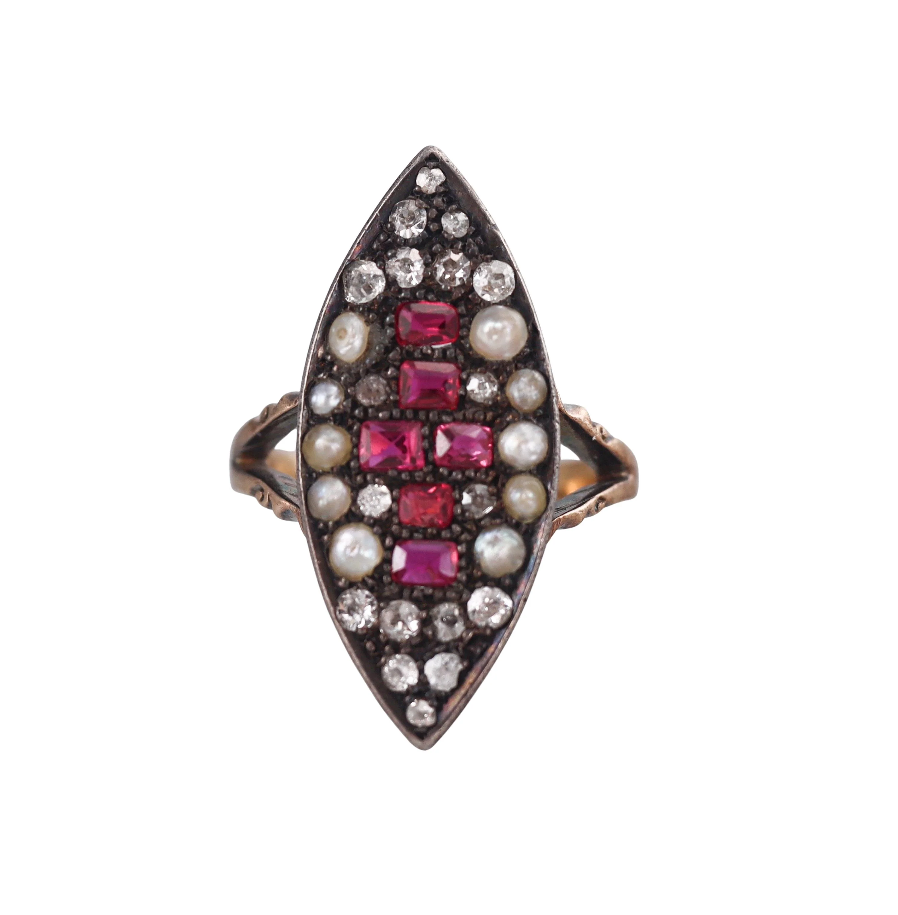 Antique Victorian English Natural Pearl Ruby Diamond Silver Gold Navette Ring