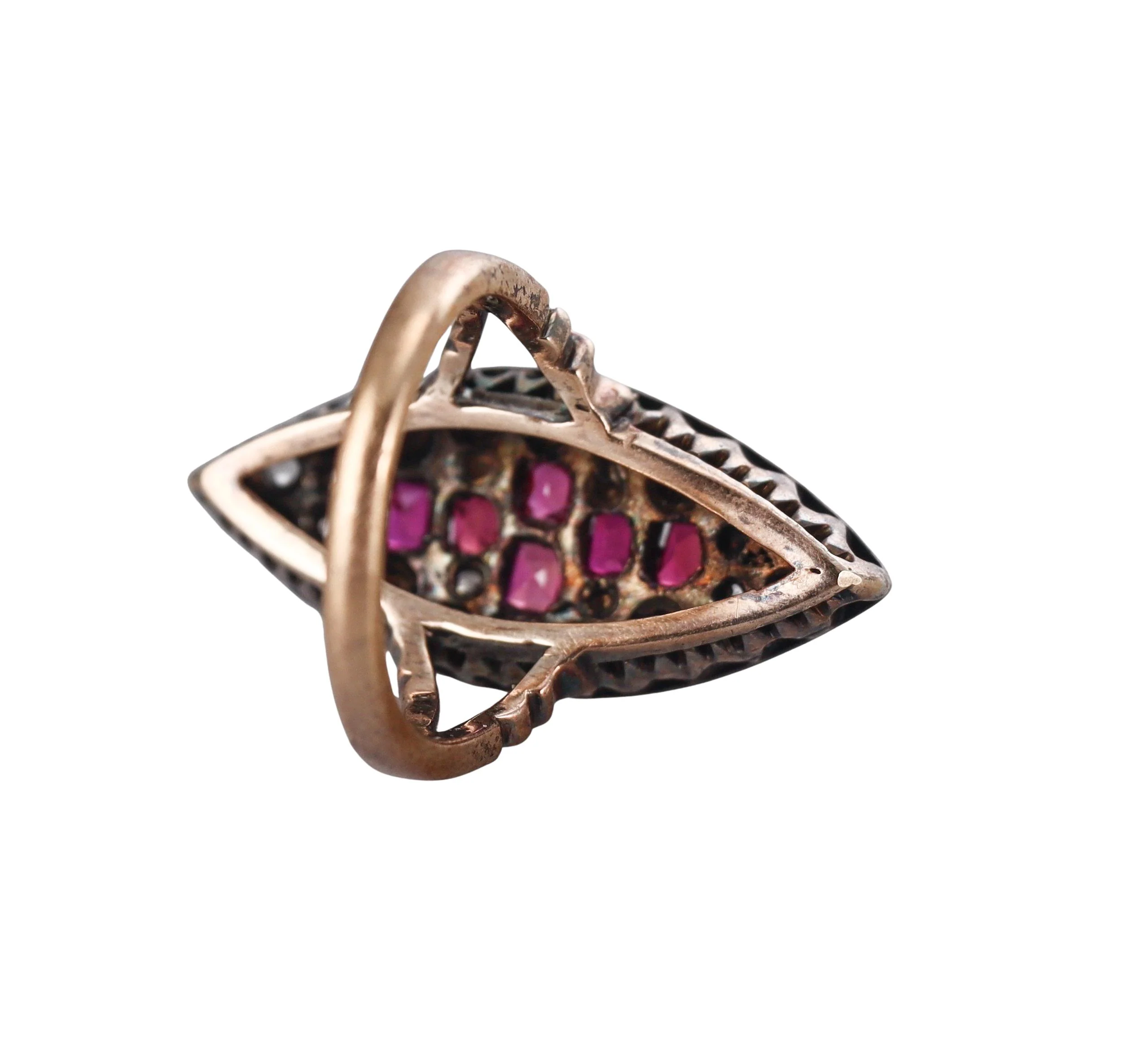 Antique Victorian English Natural Pearl Ruby Diamond Silver Gold Navette Ring
