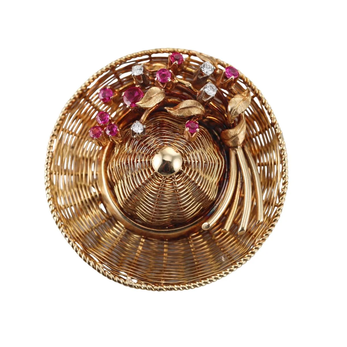 Tiffany  Co. Midcentury Gold Diamond Ruby Straw Hat Pendant Brooch