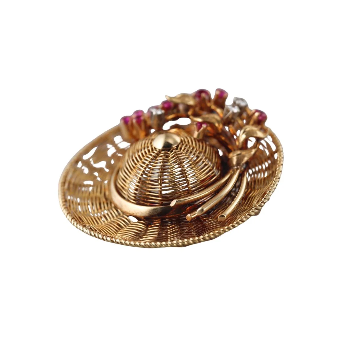Tiffany  Co. Midcentury Gold Diamond Ruby Straw Hat Pendant Brooch