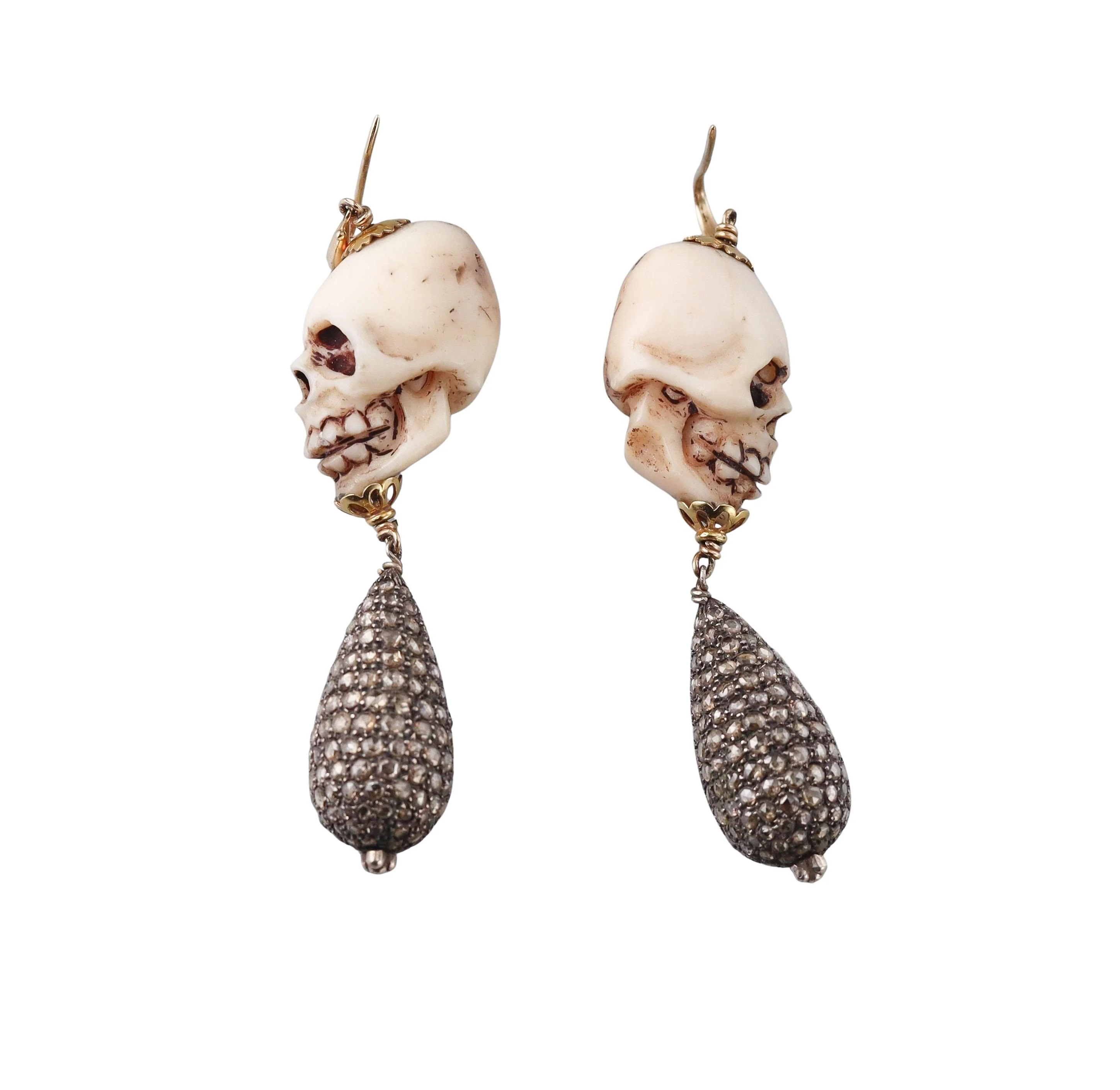 Diamond Gold Silver Skull Drop Earrings