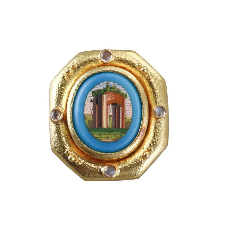 Elizabeth Locke Gold Turquoise Micro Mosaic Moonstone Brooch Pendant
