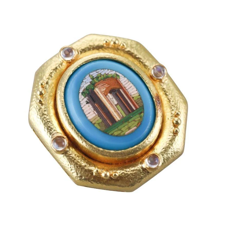 Elizabeth Locke Gold Turquoise Micro Mosaic Moonstone Brooch Pendant