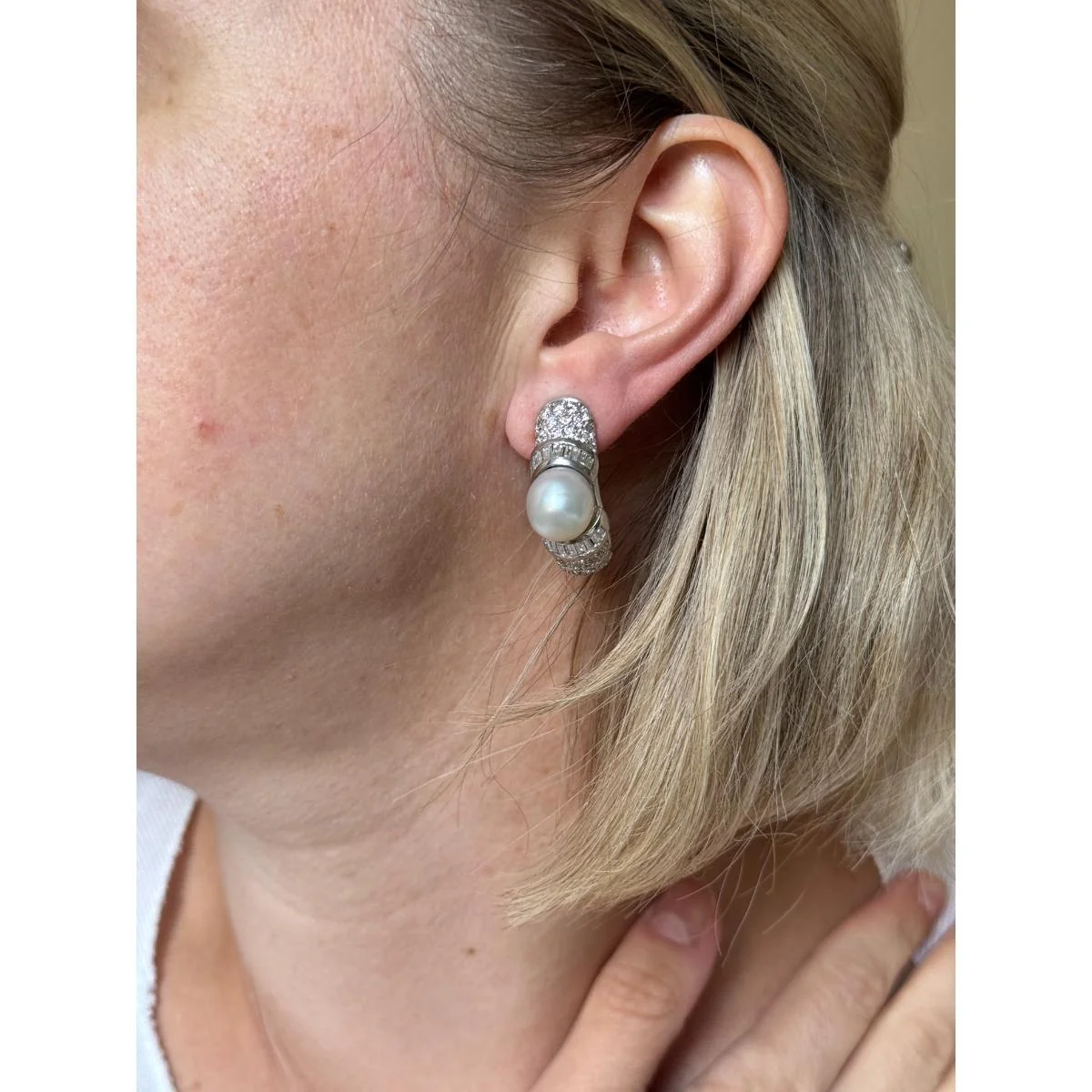 Platinum Diamond South Sea Pearl Hoop Earrings