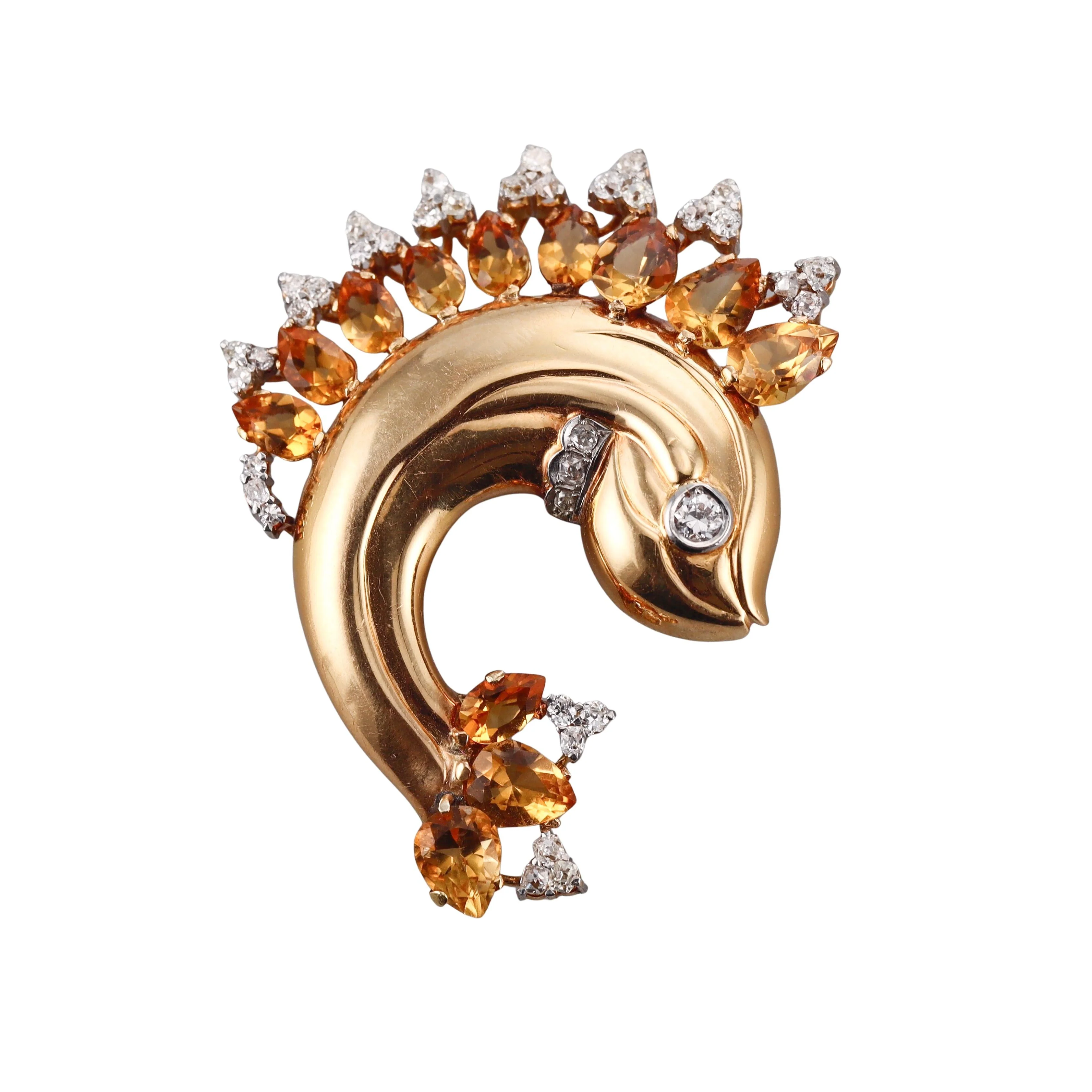 Continental Mid Century Diamond Citrine Gold Fish Brooch