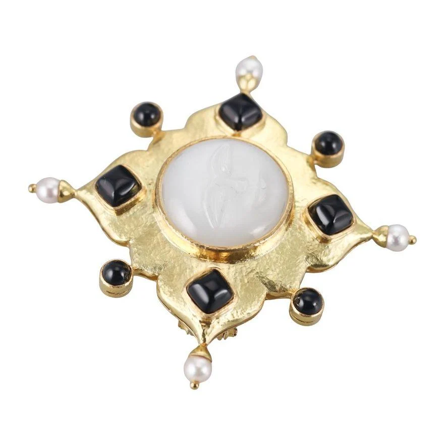 Elizabeth Locke Gold Moonstone Onyx Pearl Moon Face Brooch Pin