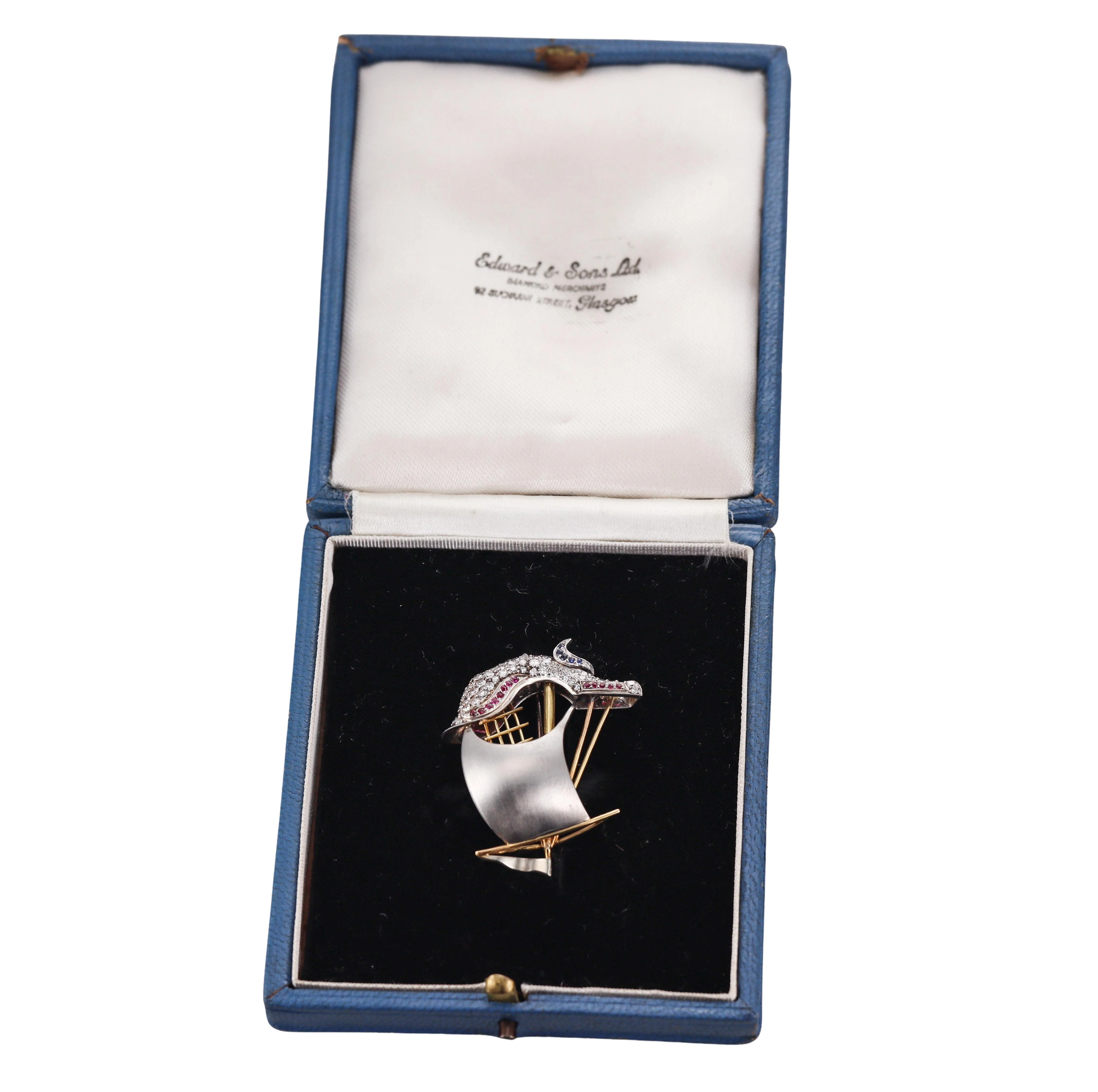 Antique Scottish Gold Platinum Diamond Ruby Sapphire Sailboat Brooch