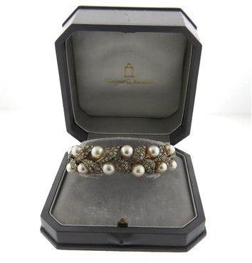 Buccellati Gold Silver Rose Cut Diamond Pearl Leaf Motif Cuff Bracelet