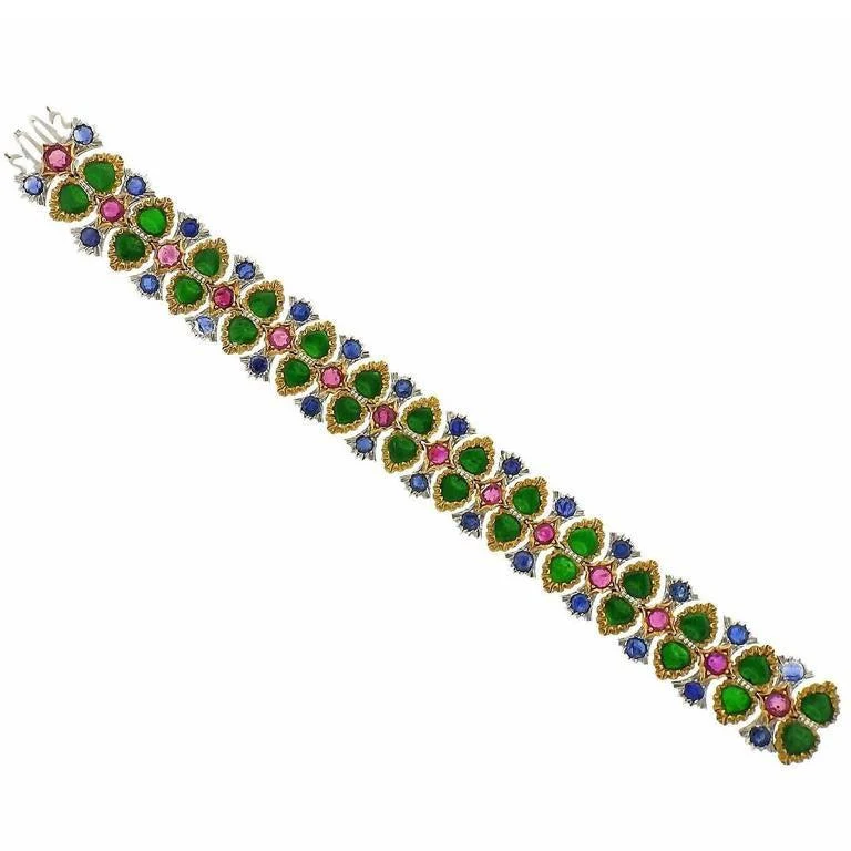 Buccellati Important Carved Jade Ruby Sapphire Gold Bracelet