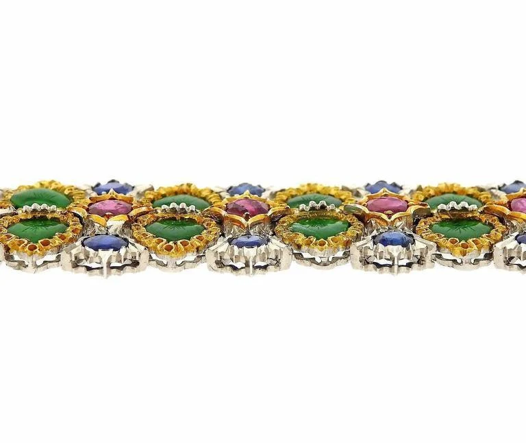 Buccellati Important Carved Jade Ruby Sapphire Gold Bracelet