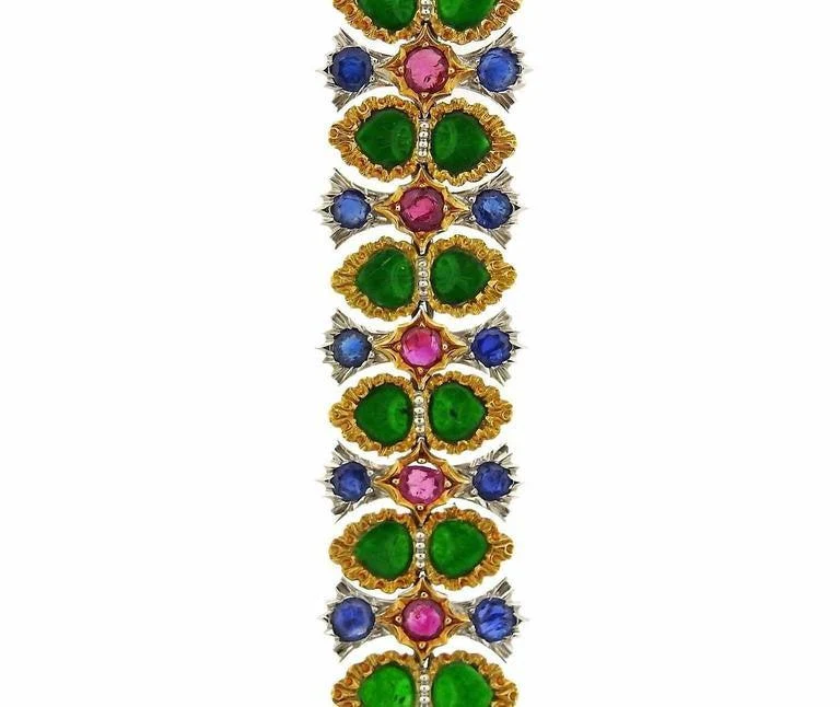 Buccellati Important Carved Jade Ruby Sapphire Gold Bracelet