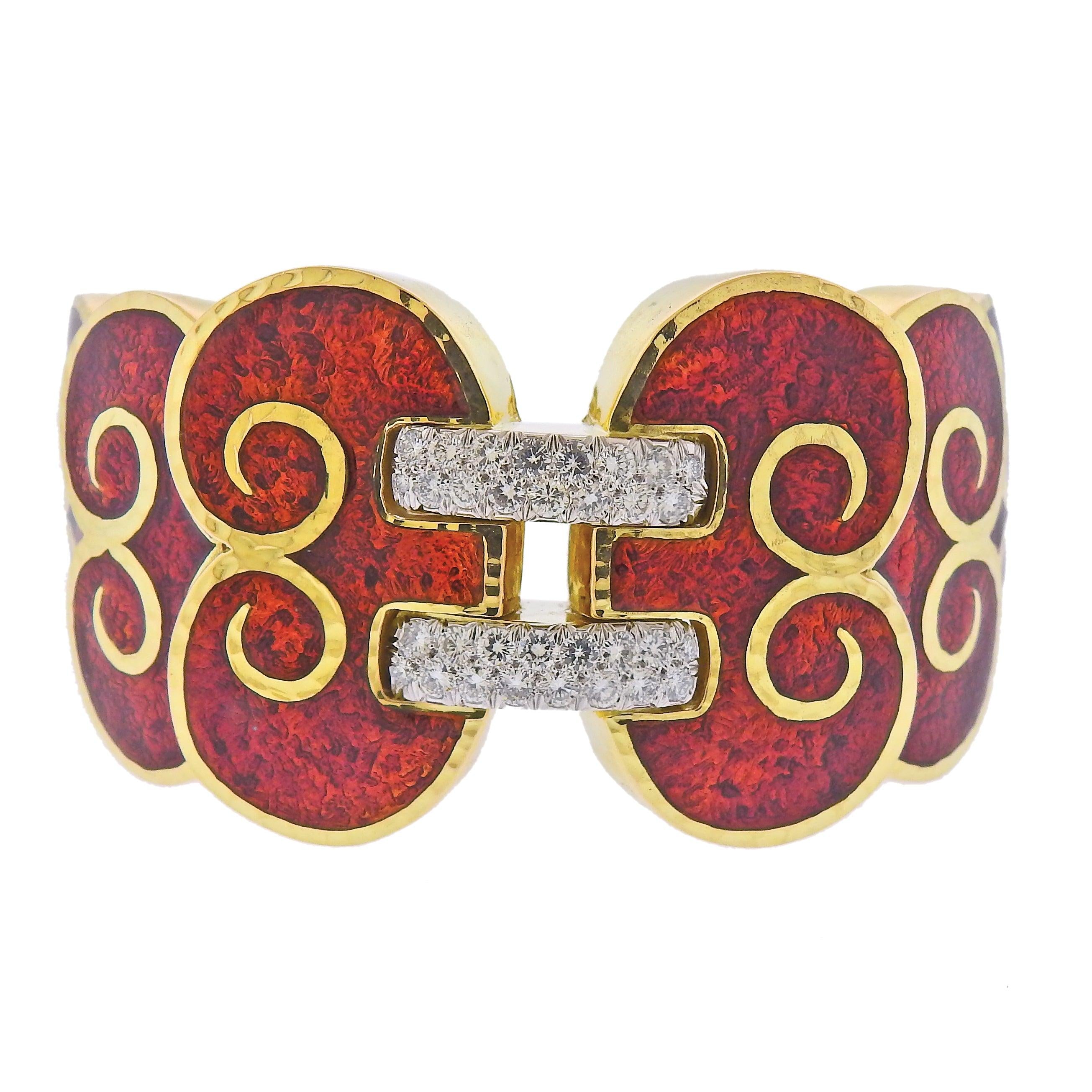 David Webb Diamond Enamel Gold Platinum Swirl Cuff Bracelet