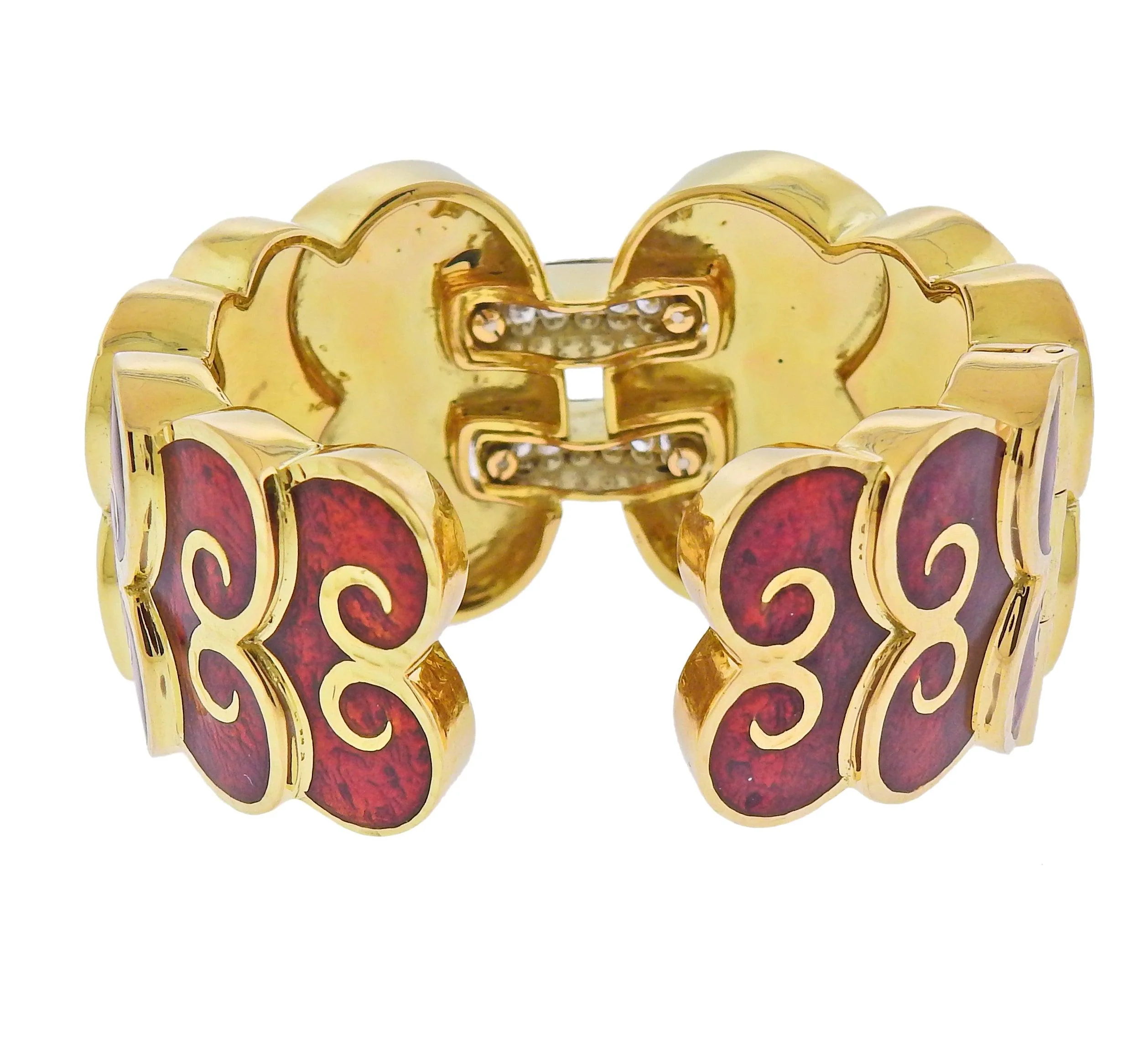 David Webb Diamond Enamel Gold Platinum Swirl Cuff Bracelet