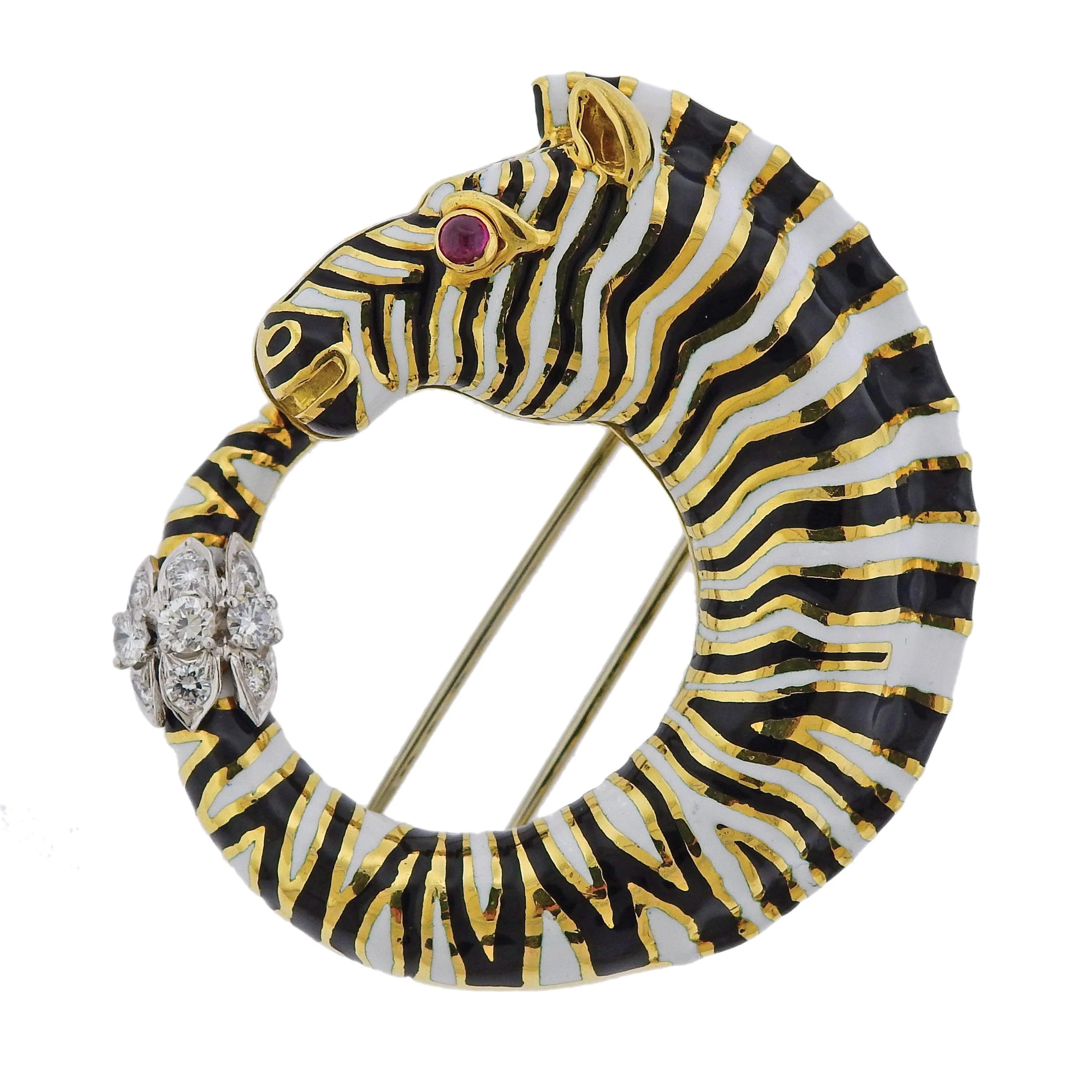 David Webb Diamond Ruby Enamel Gold Platinum Zebra Brooch Pin