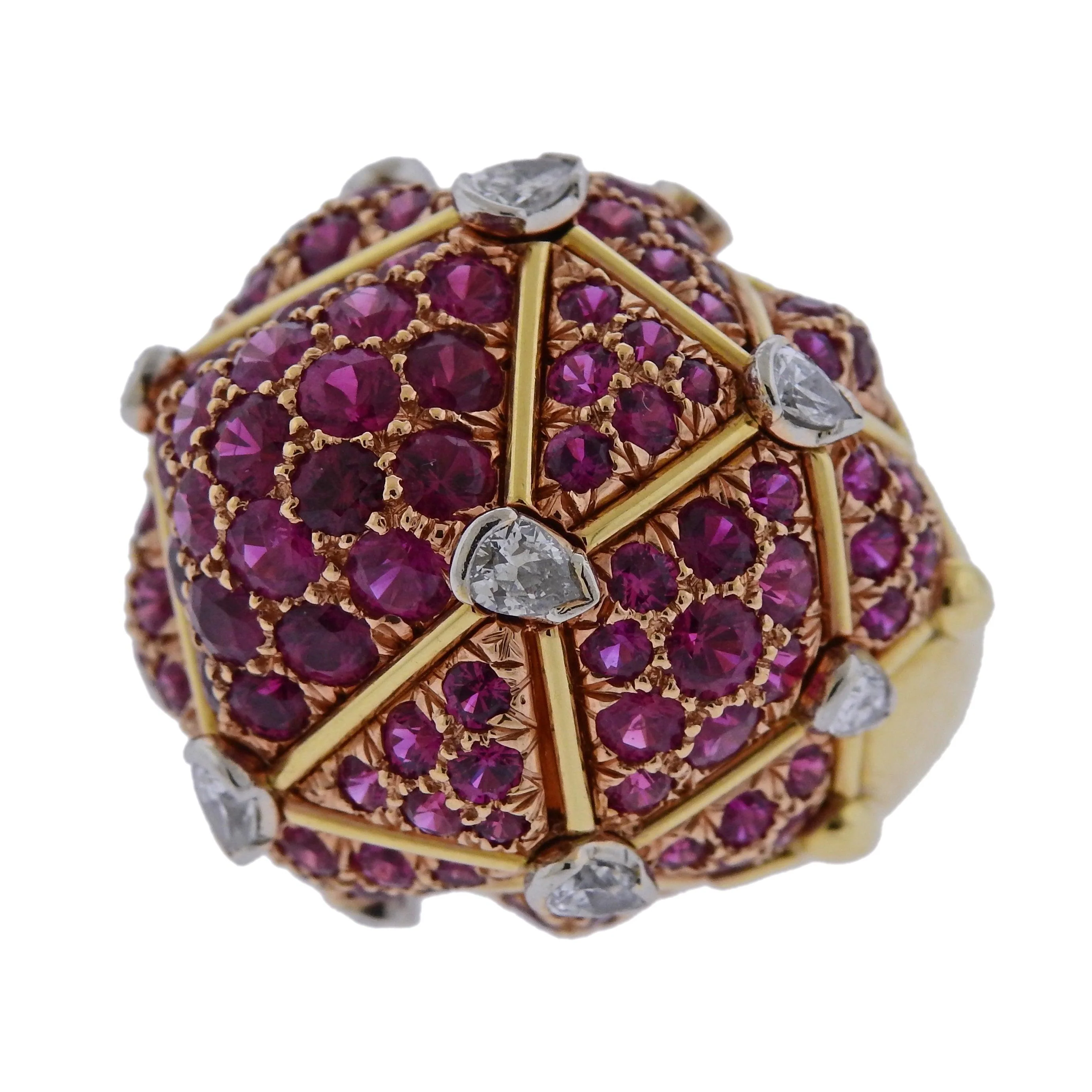 David Webb Geodesic Diamond Ruby Gold Platinum Dome Ring