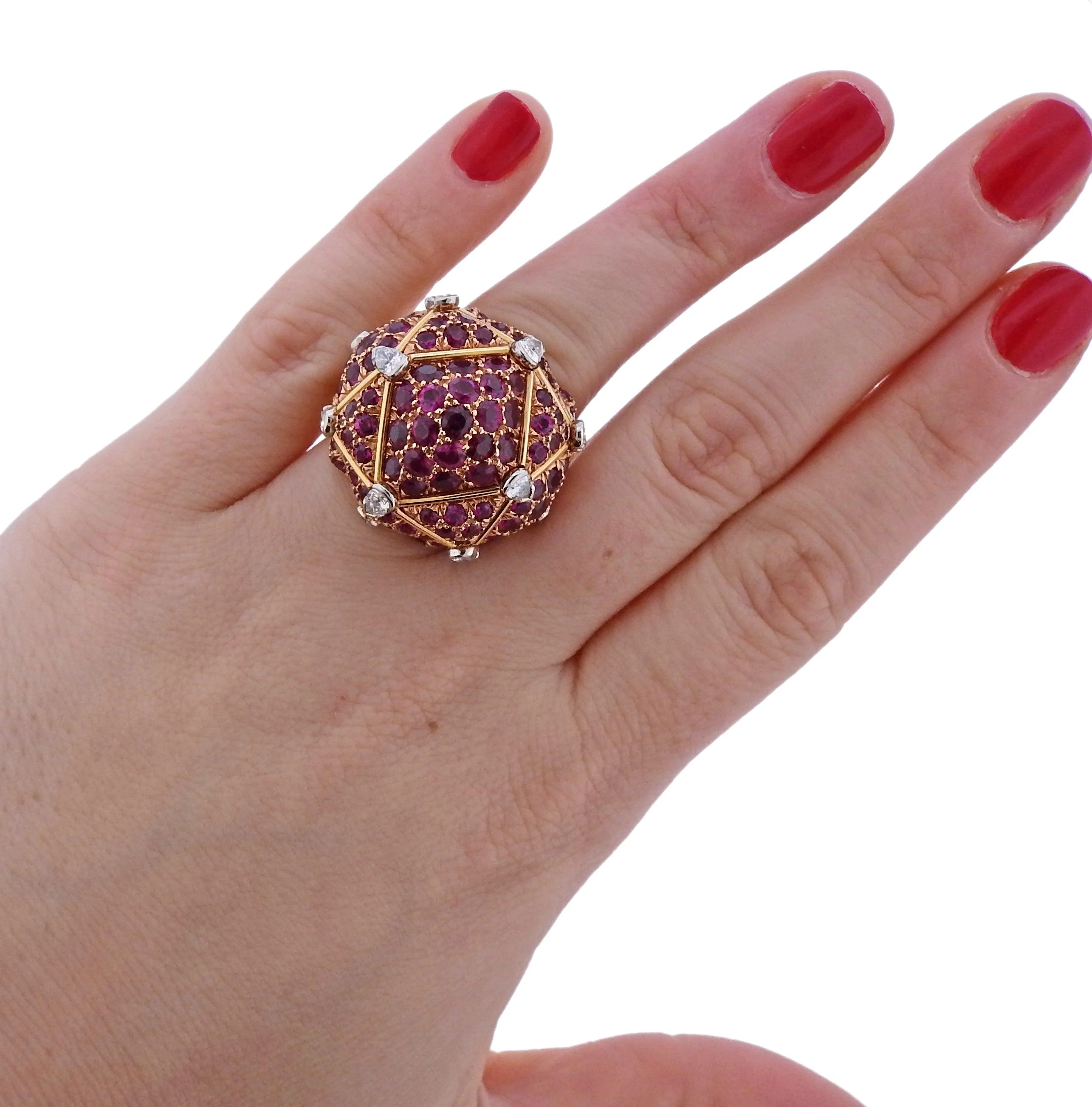 David Webb Geodesic Diamond Ruby Gold Platinum Dome Ring
