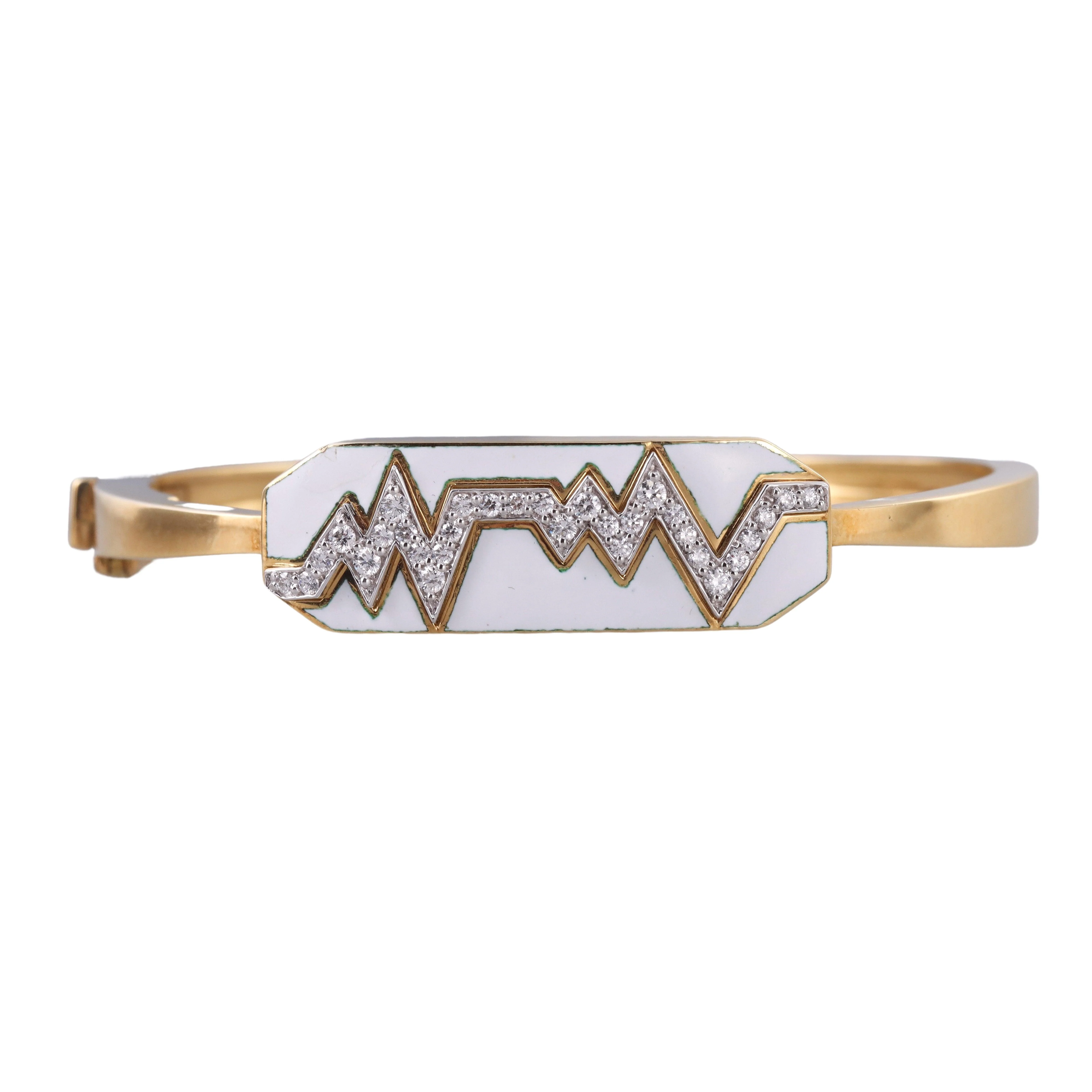 David Webb White Enamel Diamond Gold Platinum Skip Bracelet