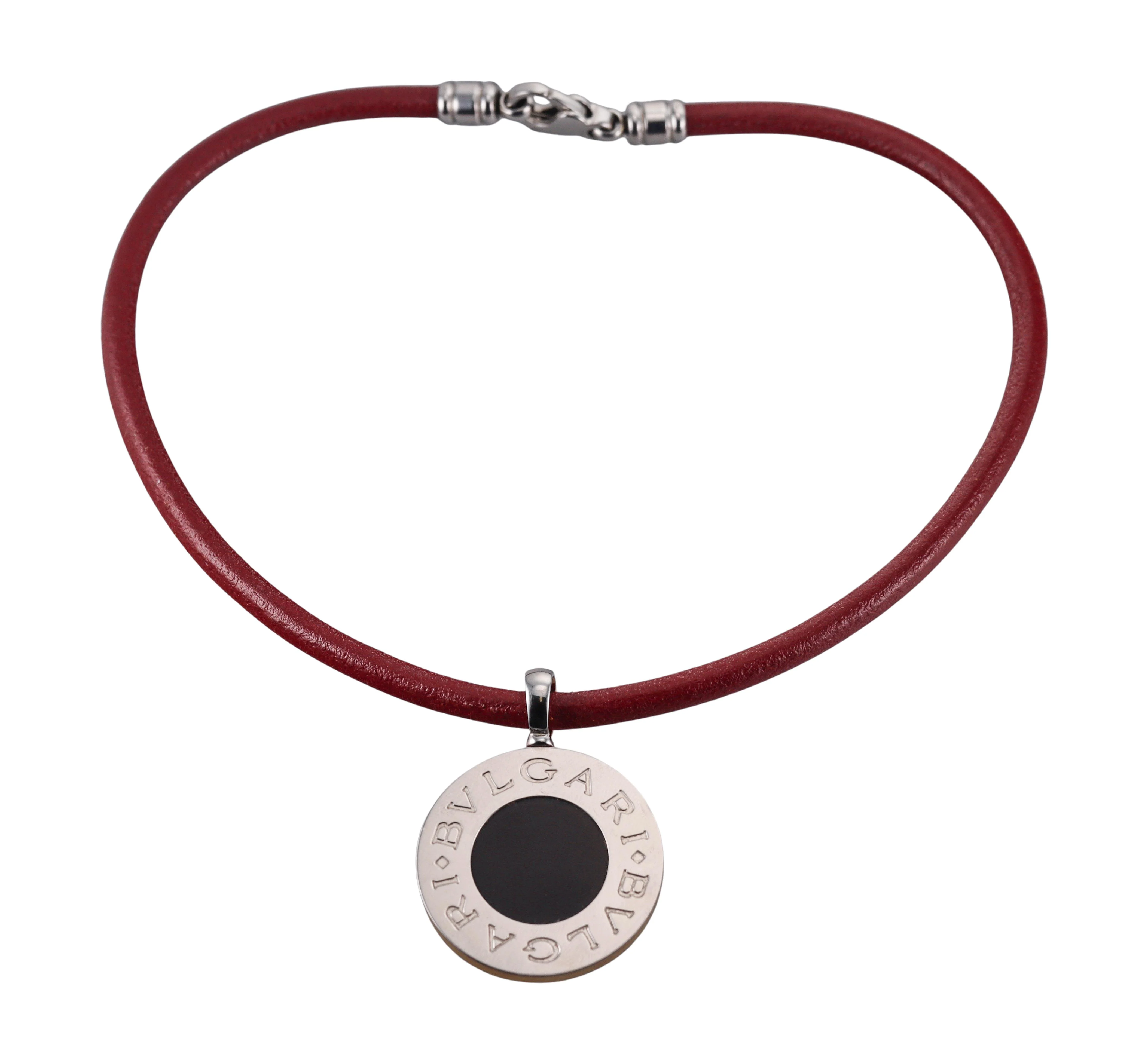 Bulgari Gold Steel Onyx Rhodochrosite Pendant 35mm Cord Necklace