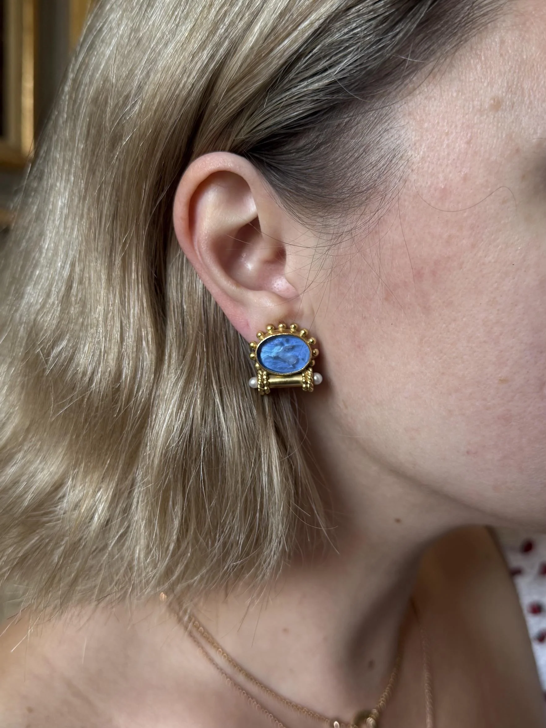 Elizabeth Locke Venetian Glass Intaglio Pegasus Pearl Gold Earrings