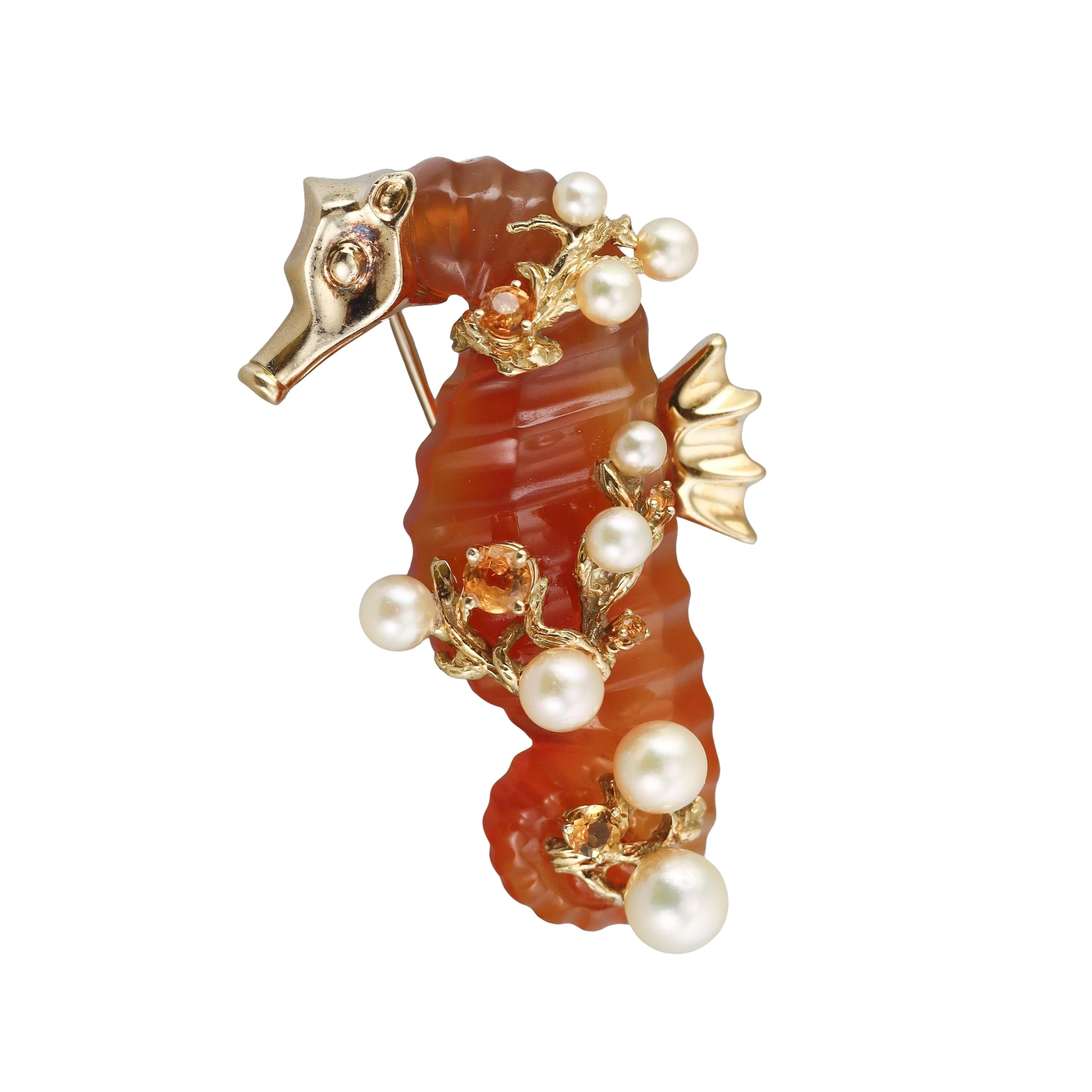 Seaman Schepps Agate Pearl Citrine Gold Seahorse Brooch Pin