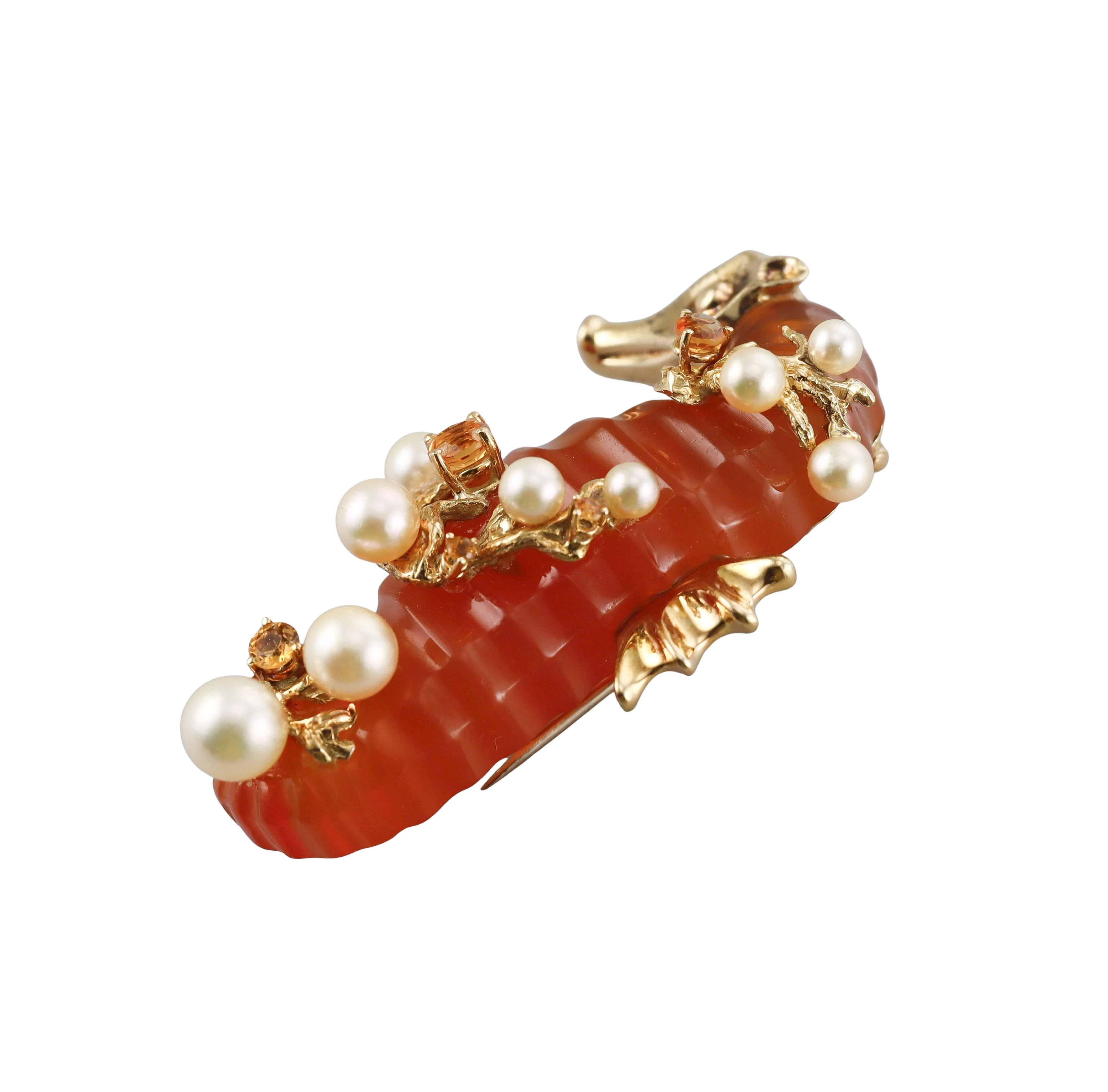 Seaman Schepps Agate Pearl Citrine Gold Seahorse Brooch Pin