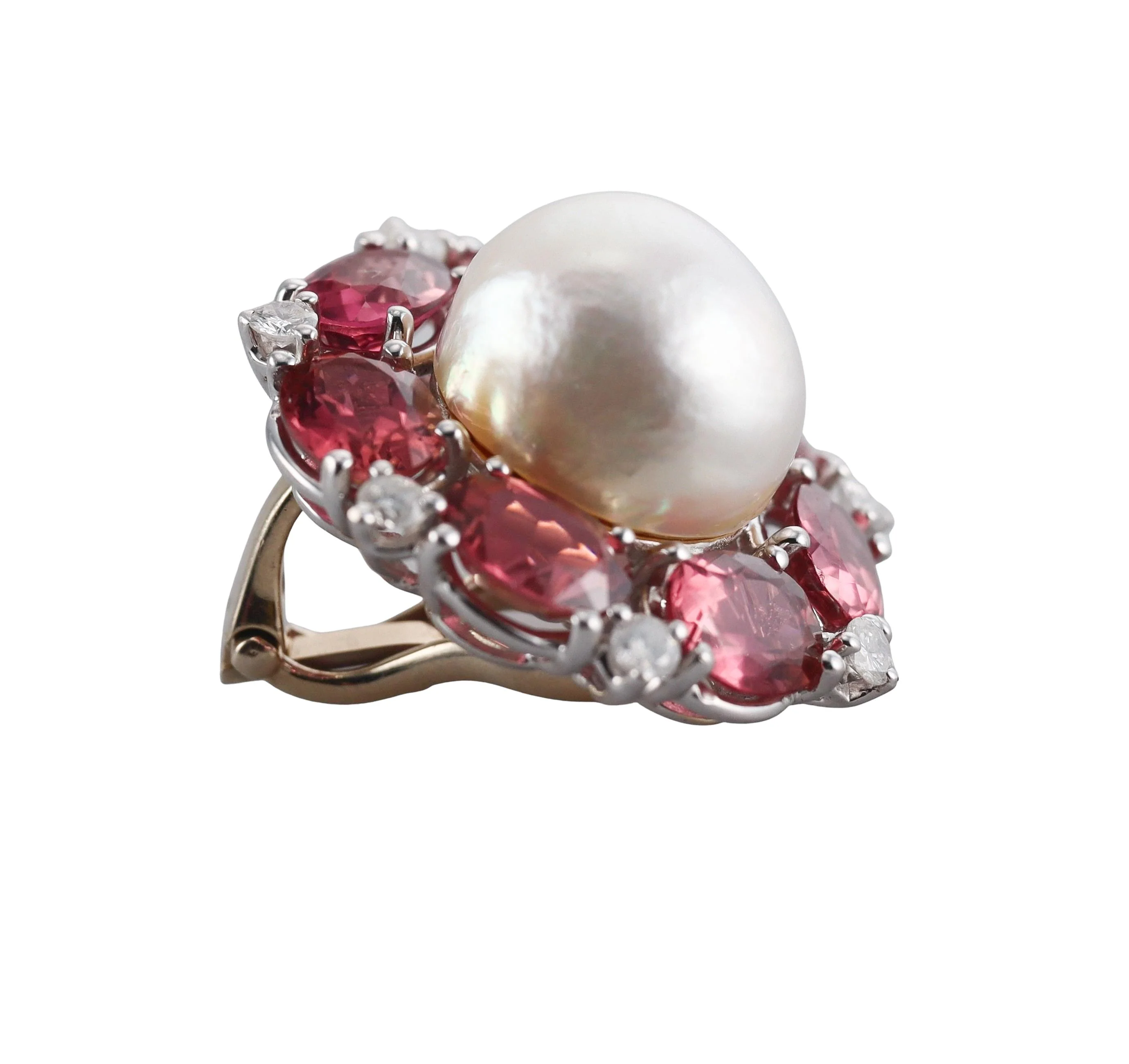 Seaman Schepps Pink Tourmaline Diamond Mabe Pearl Gold Earrings