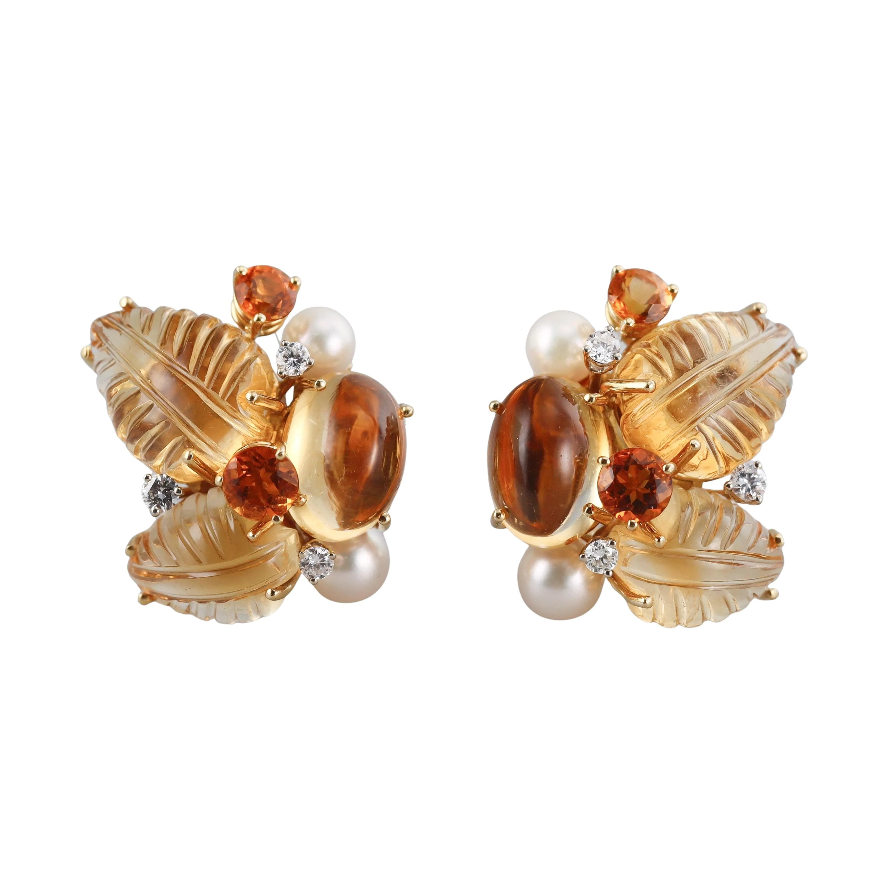Seaman Schepps Citrine Amber Pearl Diamond Gold Earrings