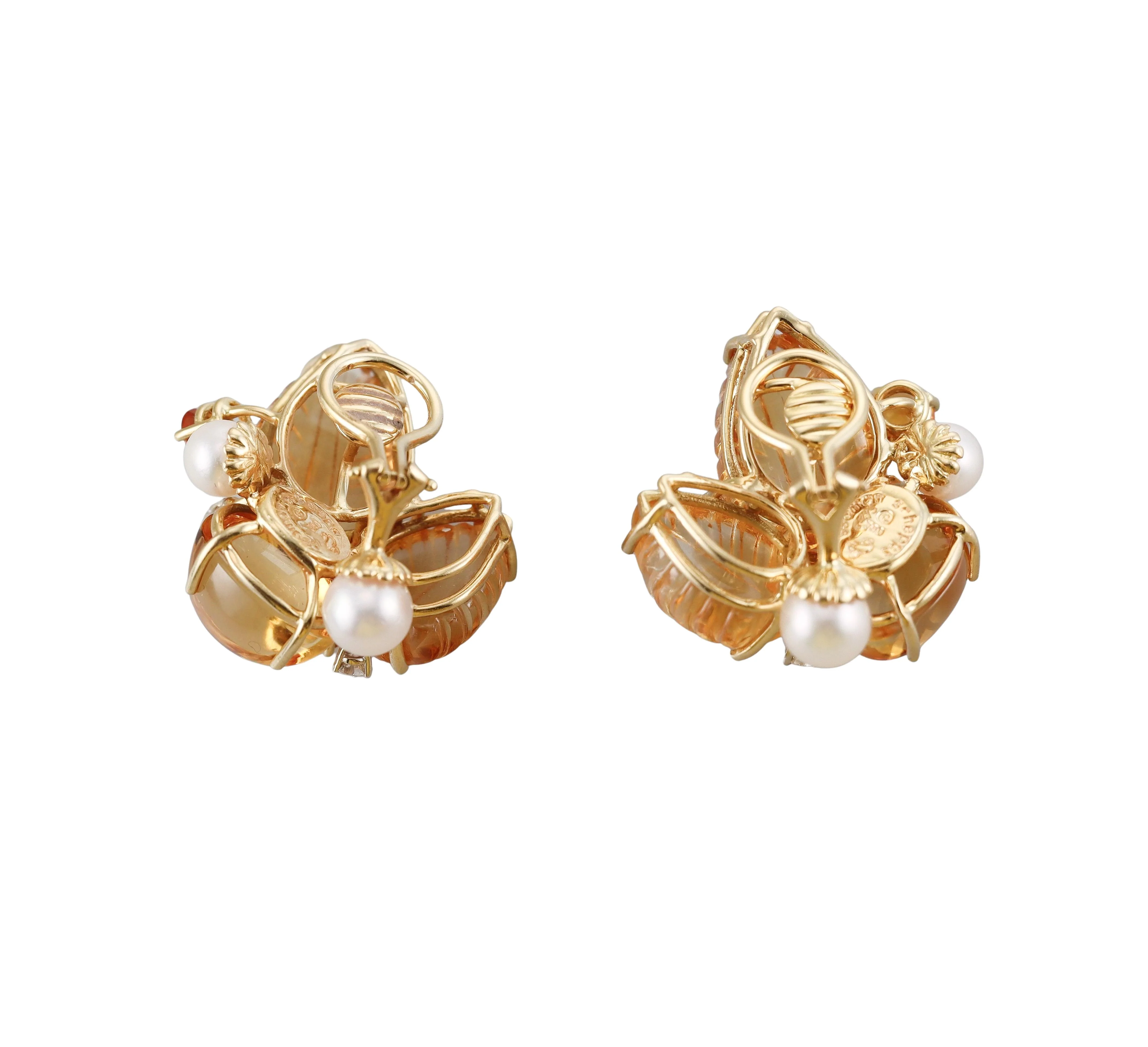 Seaman Schepps Citrine Amber Pearl Diamond Gold Earrings
