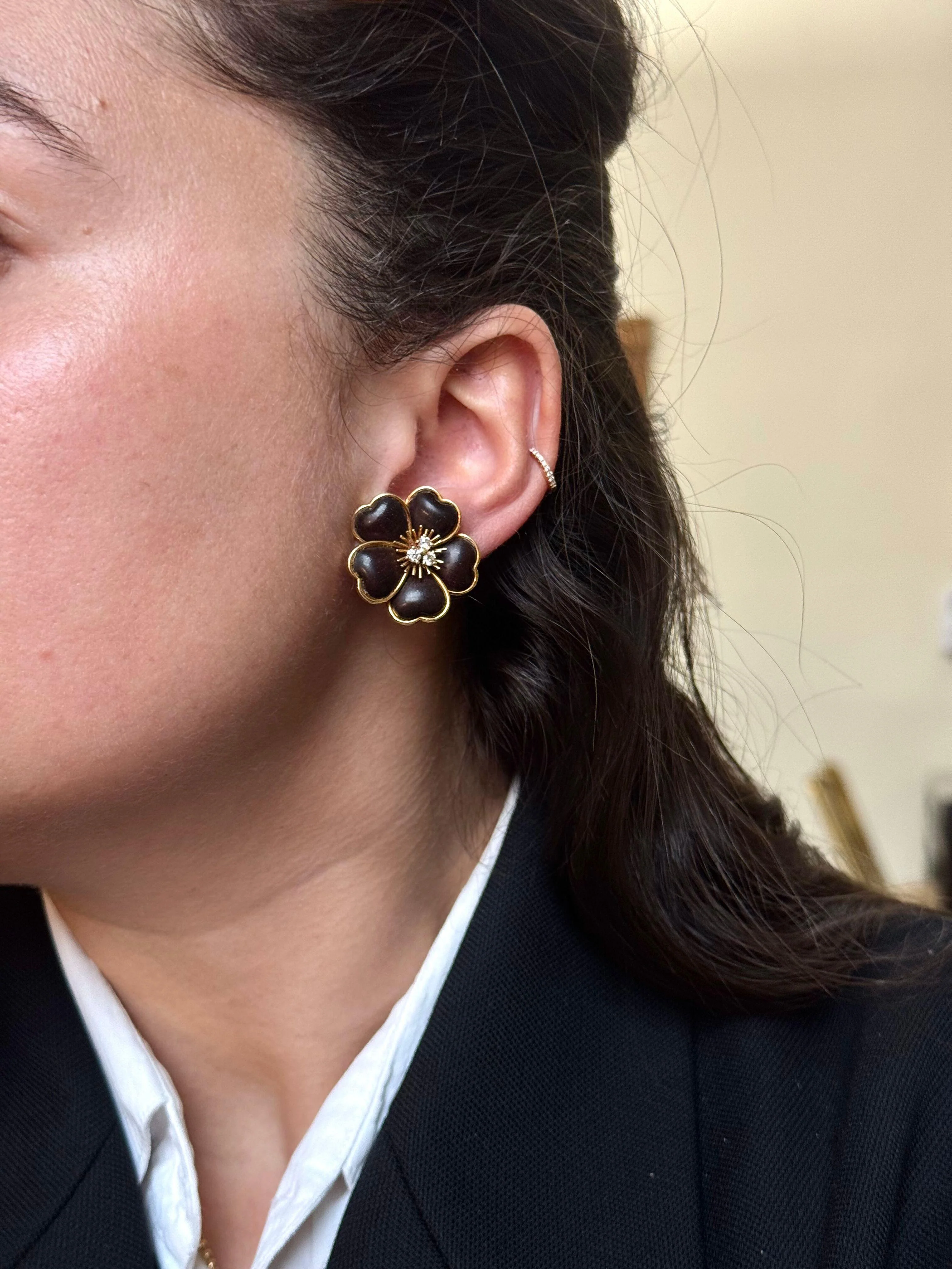Van Cleef  Arpels Rose de Noel Wood Diamond Gold Earrings
