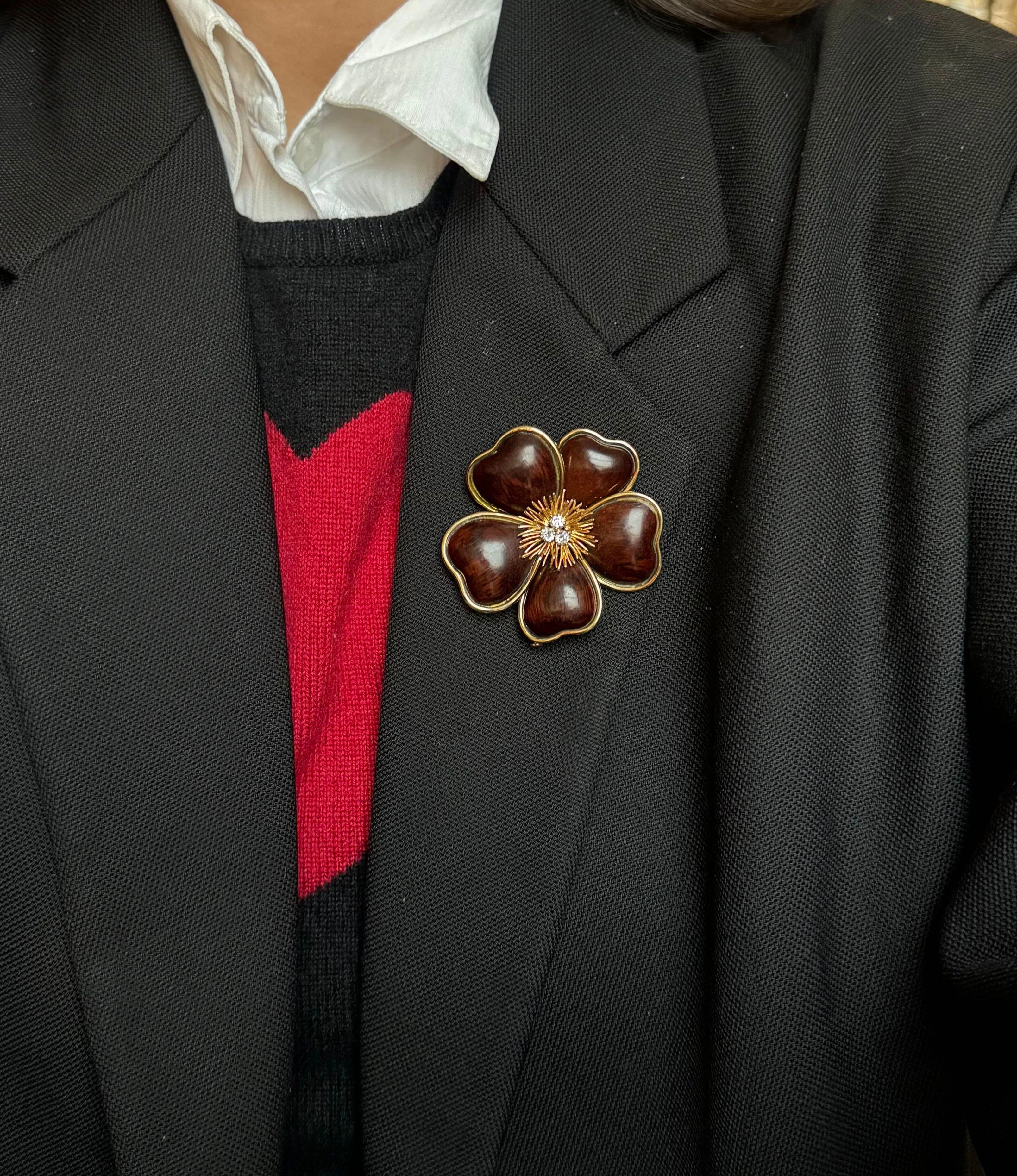 Van Cleef Arpels Rose de Noel Wood Diamond Gold Brooch