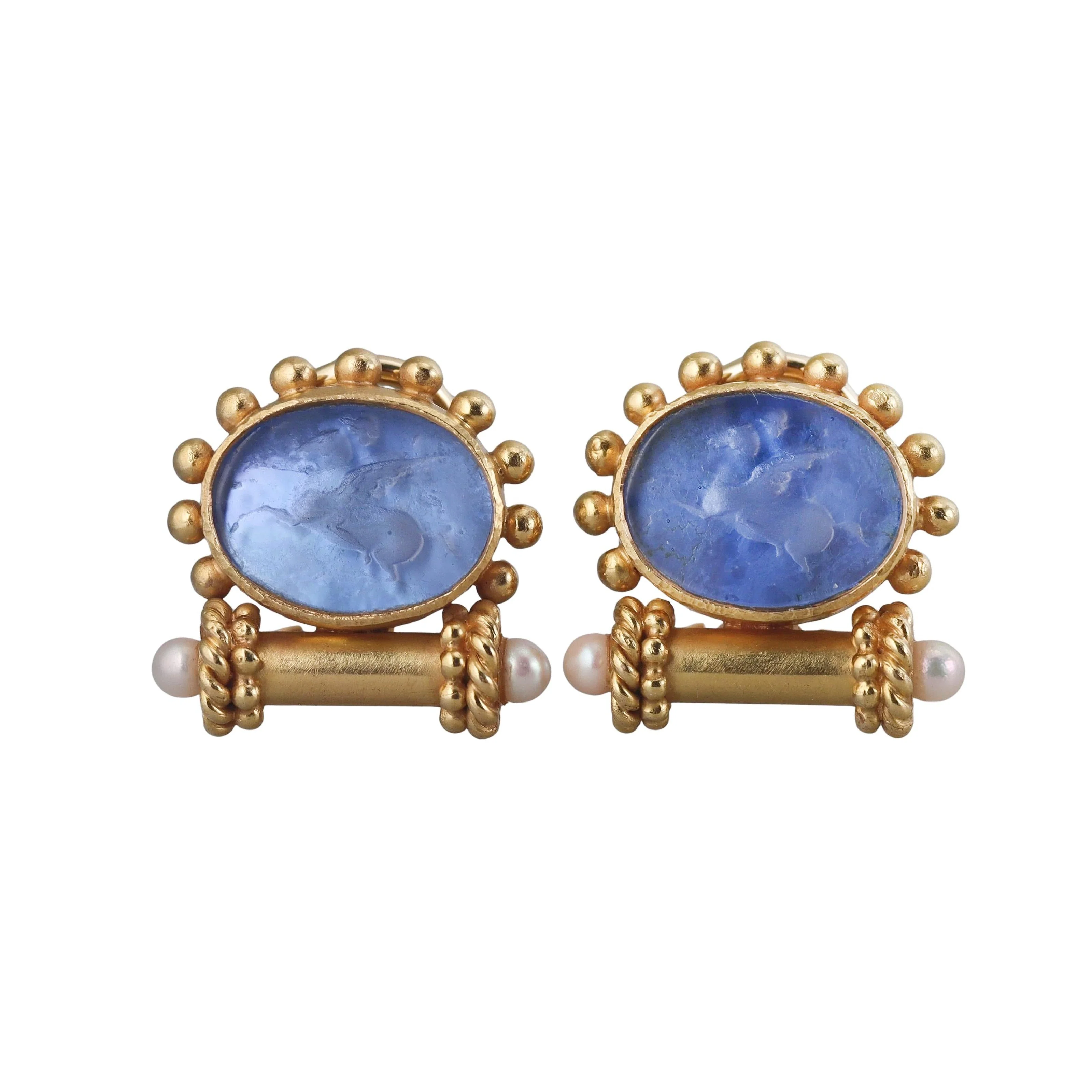 Elizabeth Locke Venetian Glass Intaglio Pegasus Pearl Gold Earrings