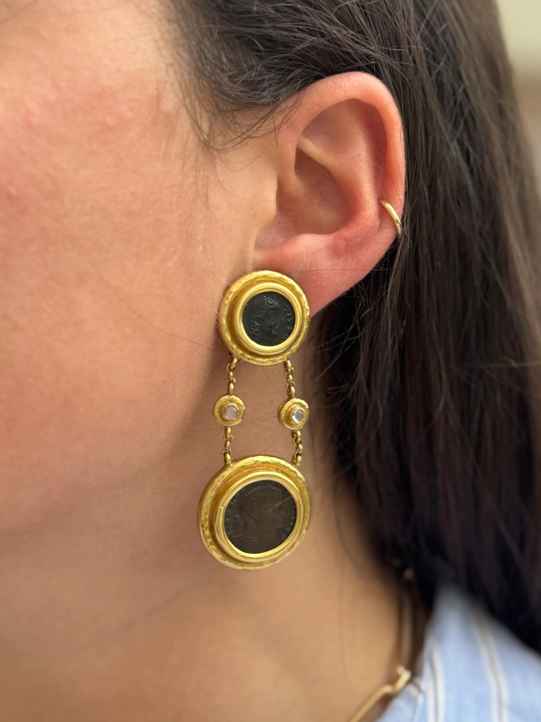 Elizabeth Locke Ancient Coin Moonstone Gold Drop Earrings