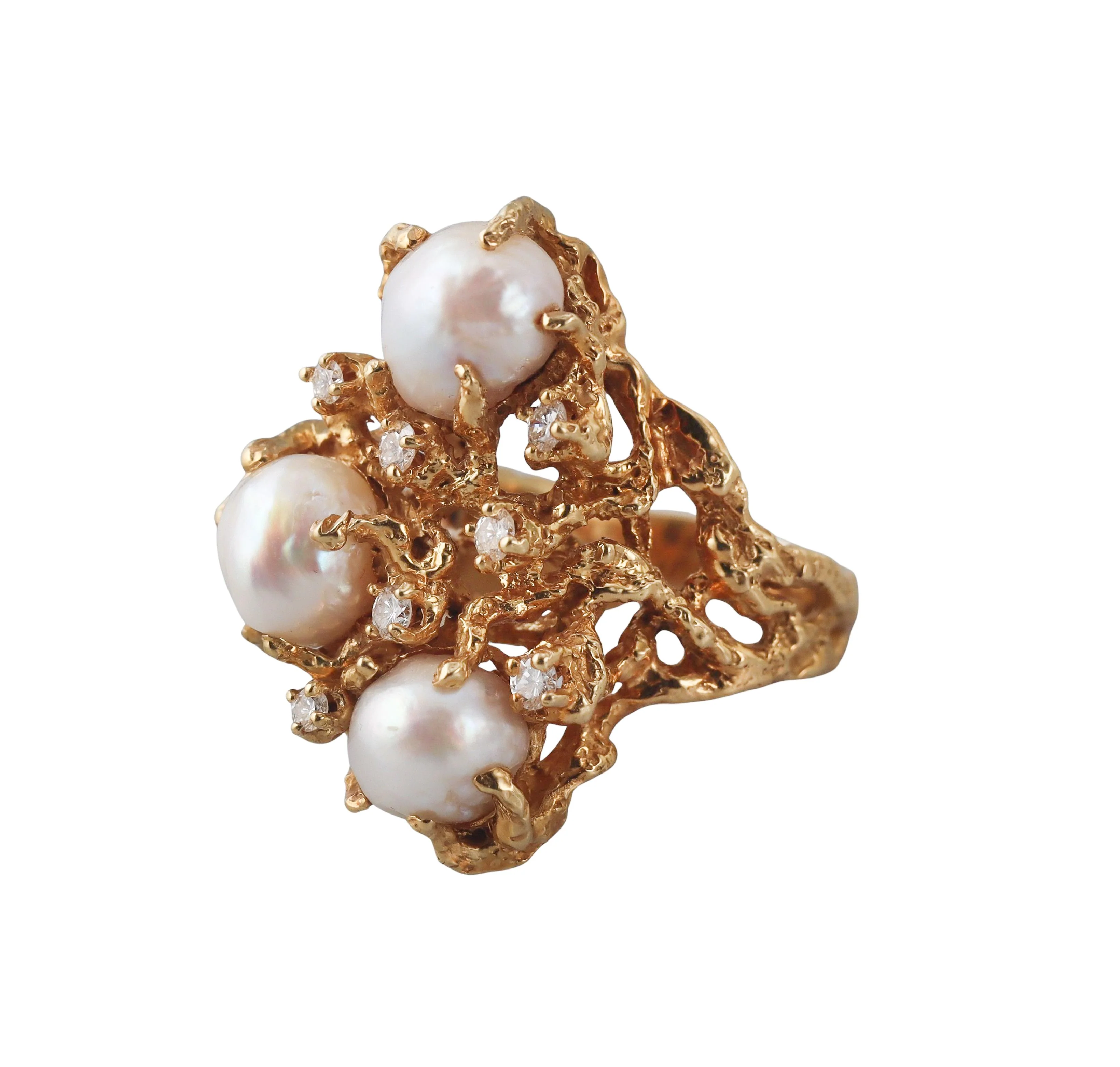 1970s Arthur King Diamond Pearl Gold Ring