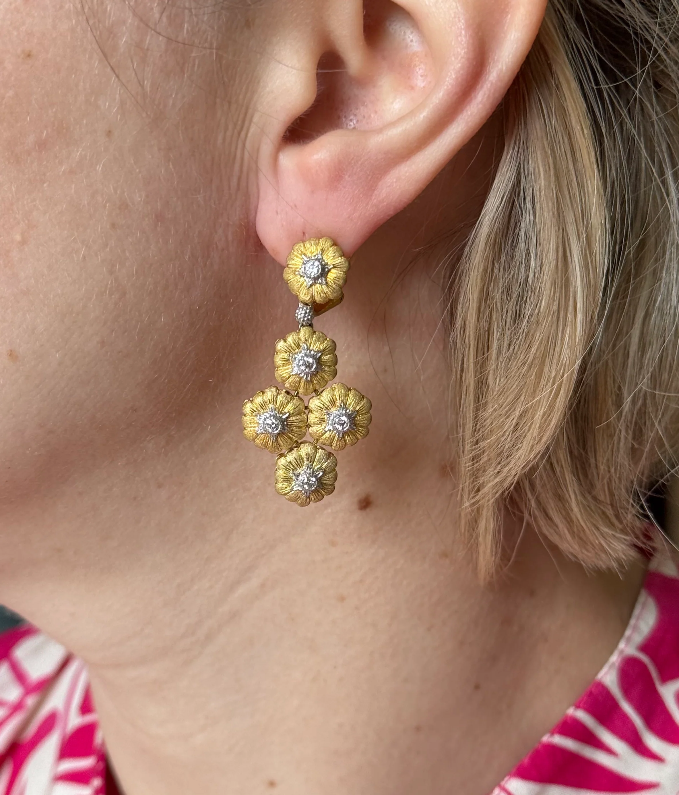 Buccellati Gold Diamond Flower Motif Drop Earrings