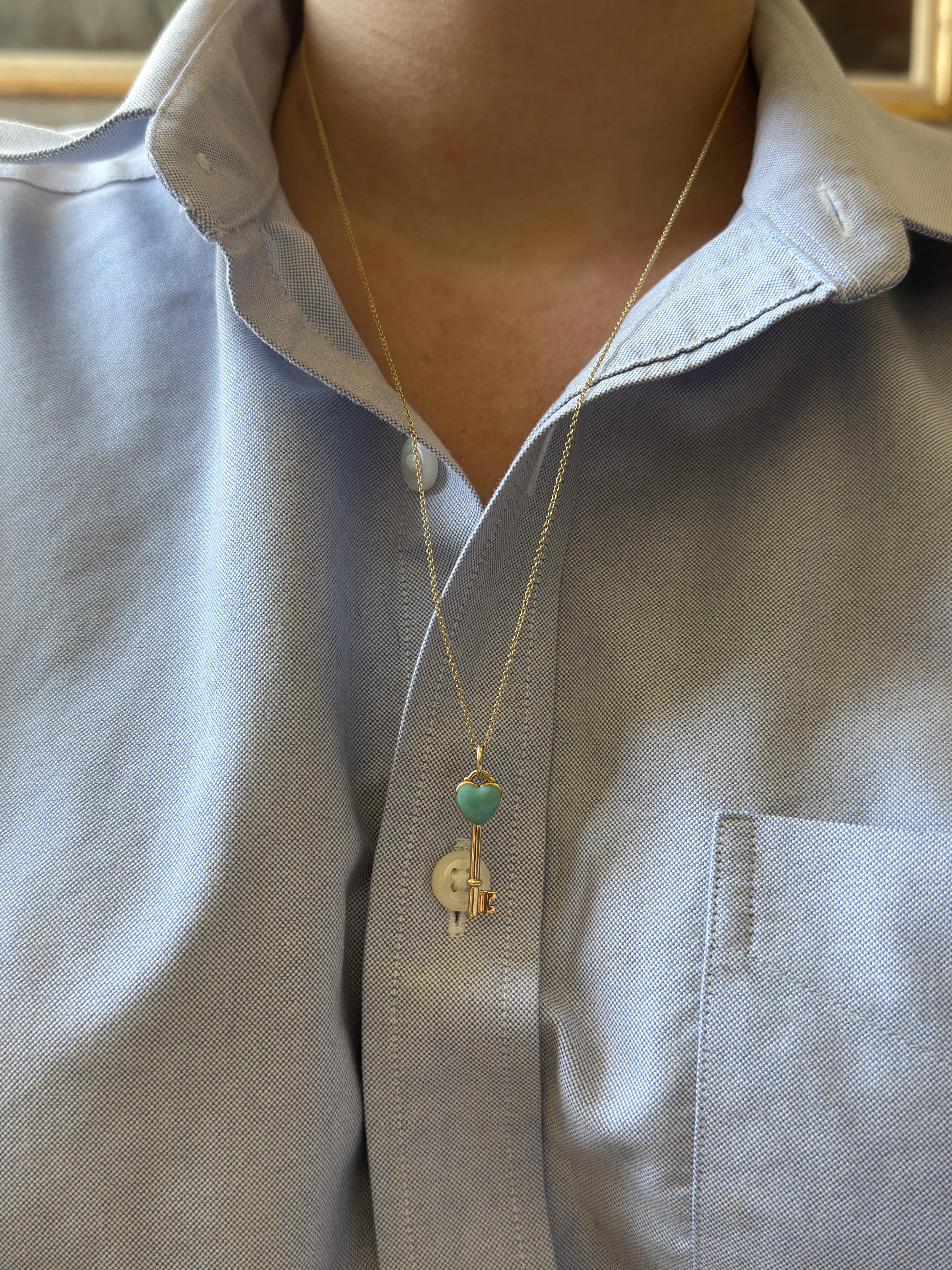 Tiffany  Co Blue Enamel Heart Key Gold Pendant Necklace