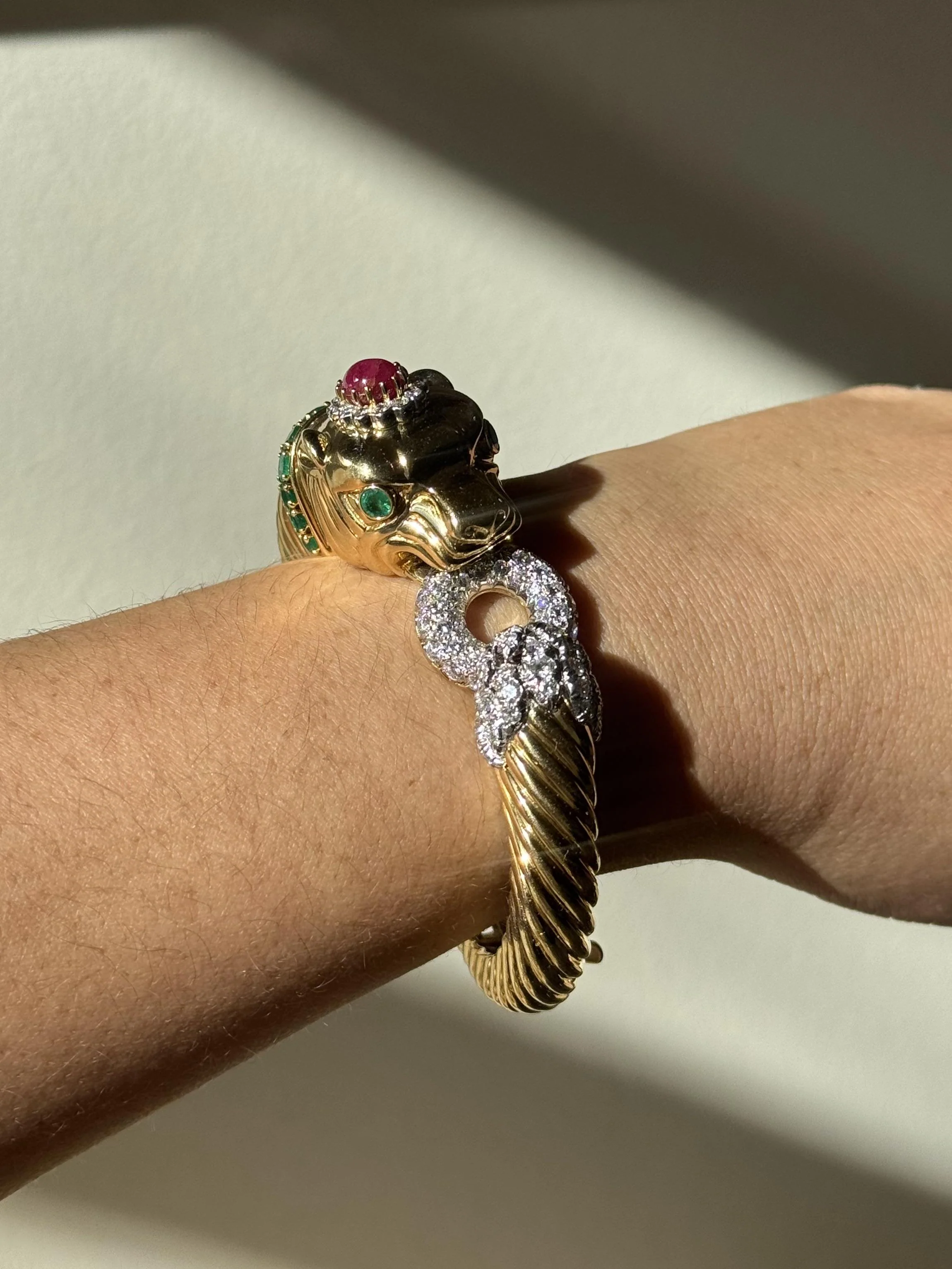 David Webb Diamond Emerald Ruby Gold Platinum Panther Bracelet