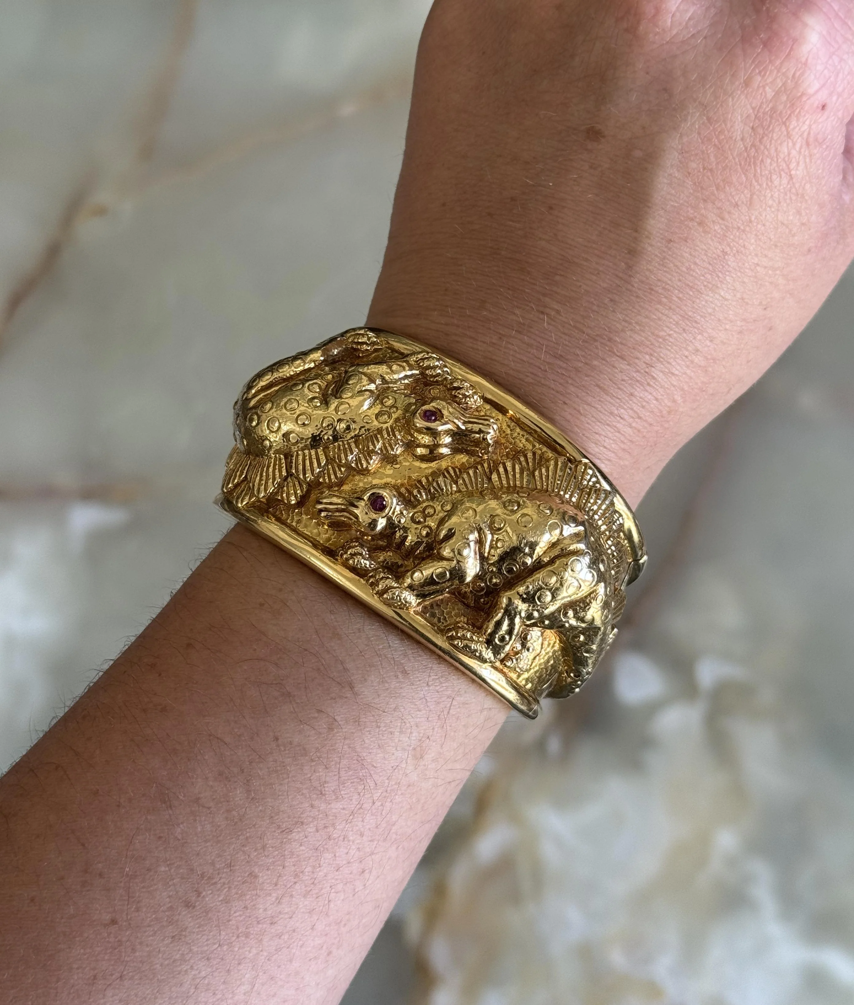 David Webb Repousse Ruby Gold Stegosaurus Repousse Cuff Bracelet