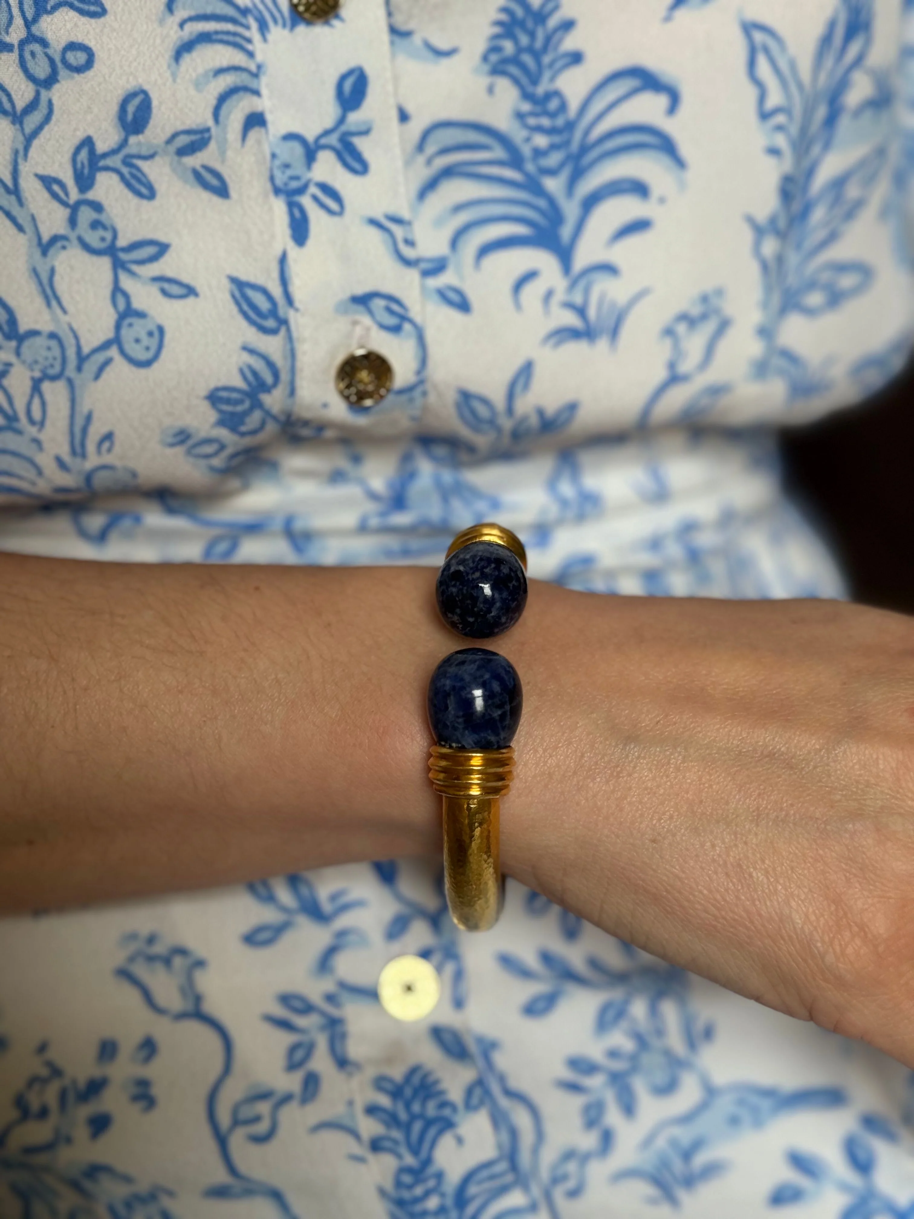 Lalaounis Greece Yellow Gold Sodalite Cuff Bracelet
