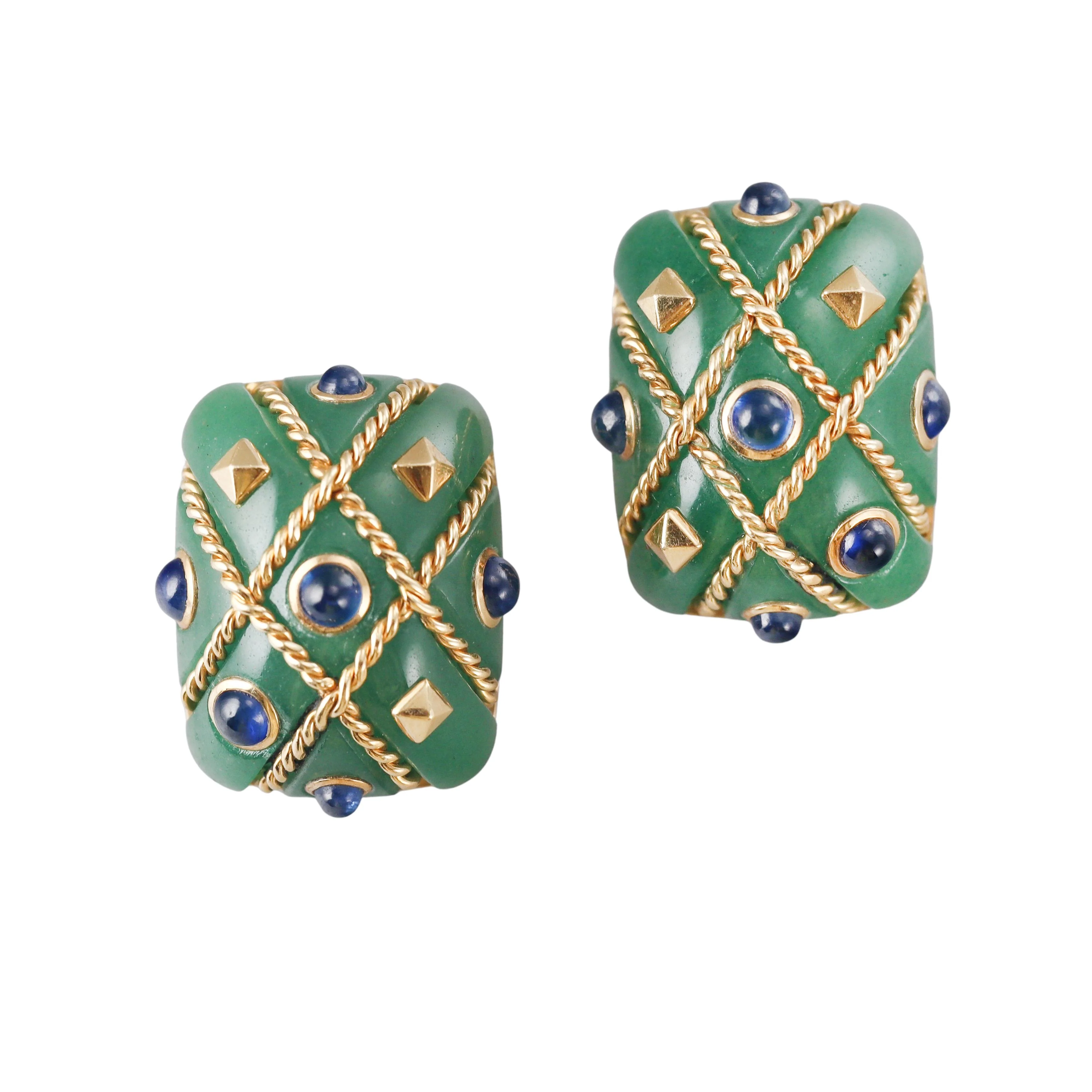 Seaman Schepps Aventurine Sapphire Gold Cage Earrings