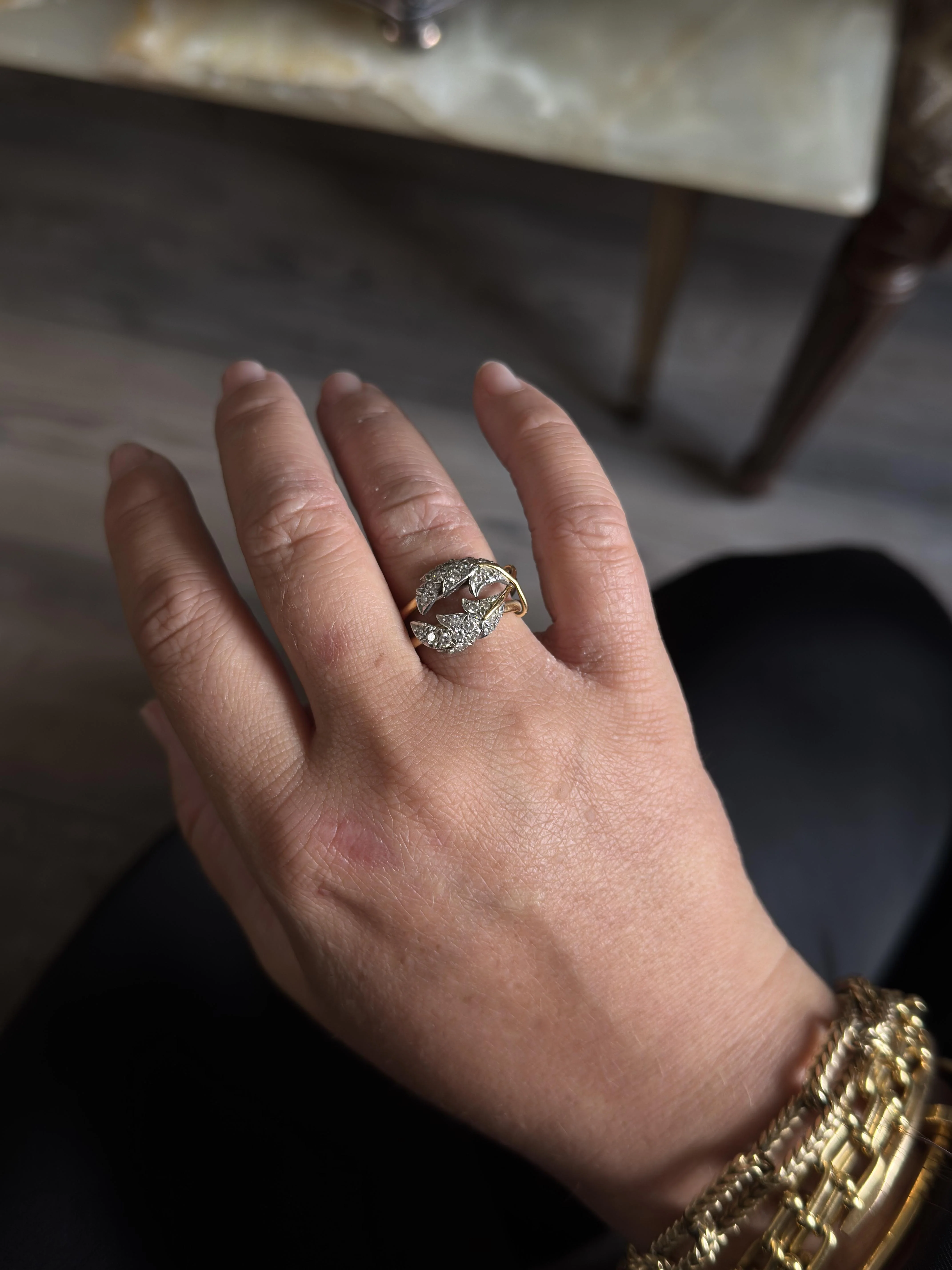 Tiffany Co Schlumberger Two Leaves Diamond Gold Platinum Ring
