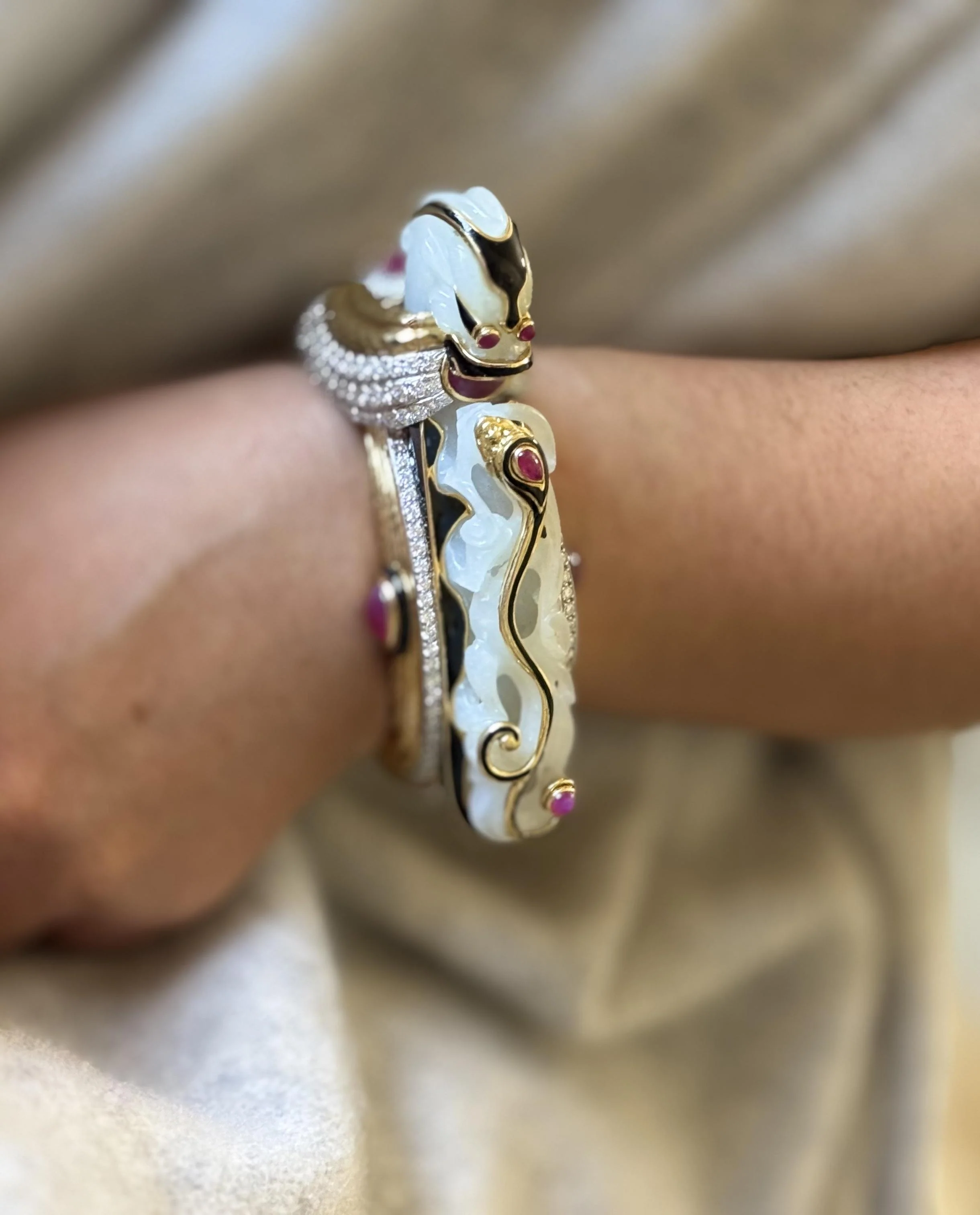David Webb Carved Jade Diamond Ruby Enamel Gold Platinum Bracelet