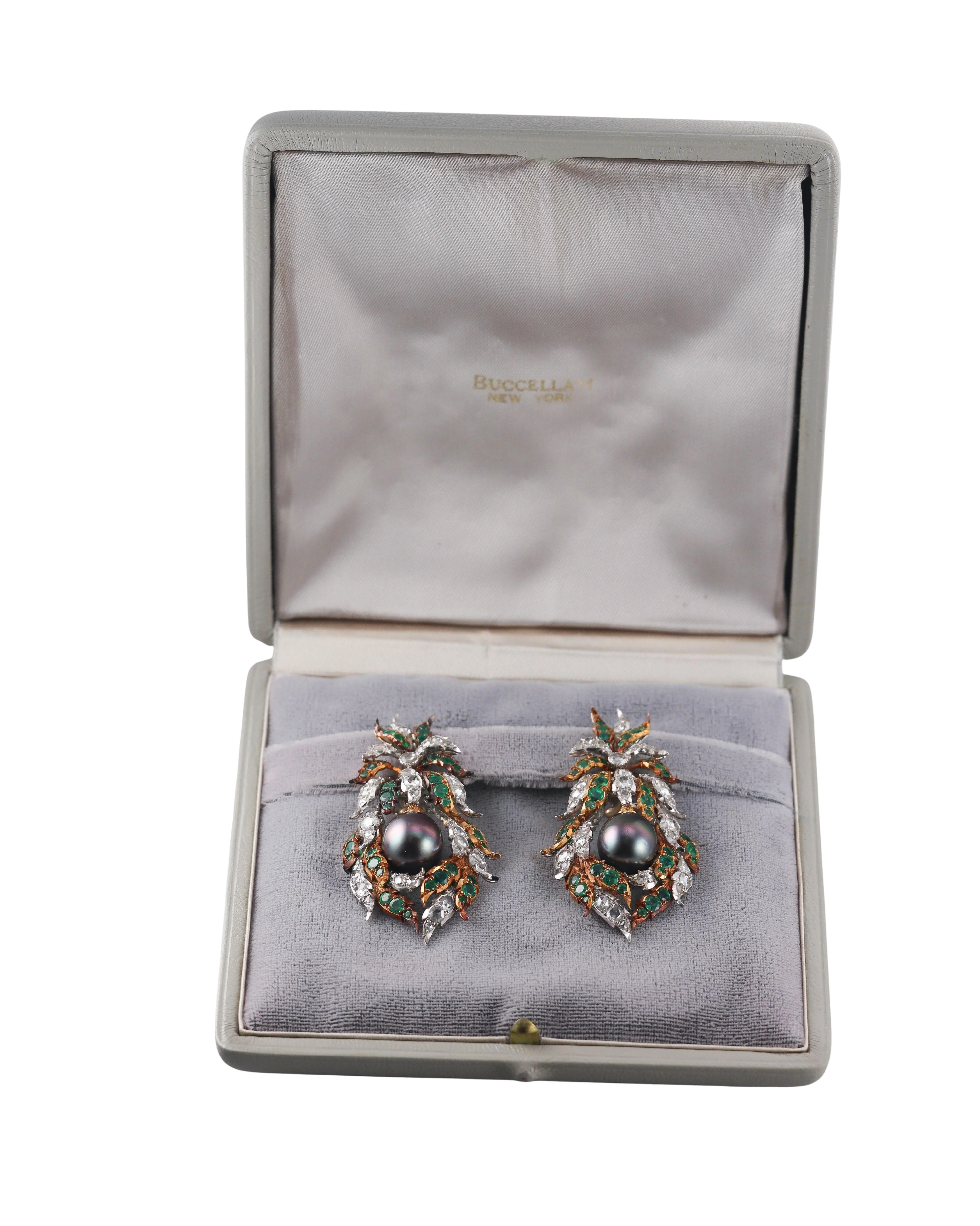 Buccellati Black South Sea Pearl Emerald Diamond Gold Earrings