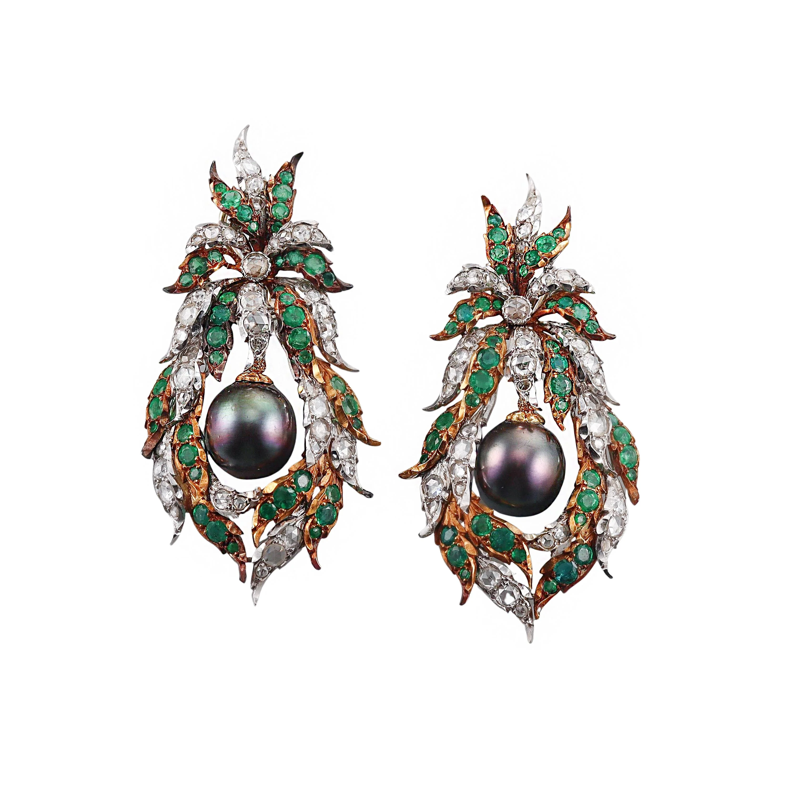Buccellati Black South Sea Pearl Emerald Diamond Gold Earrings