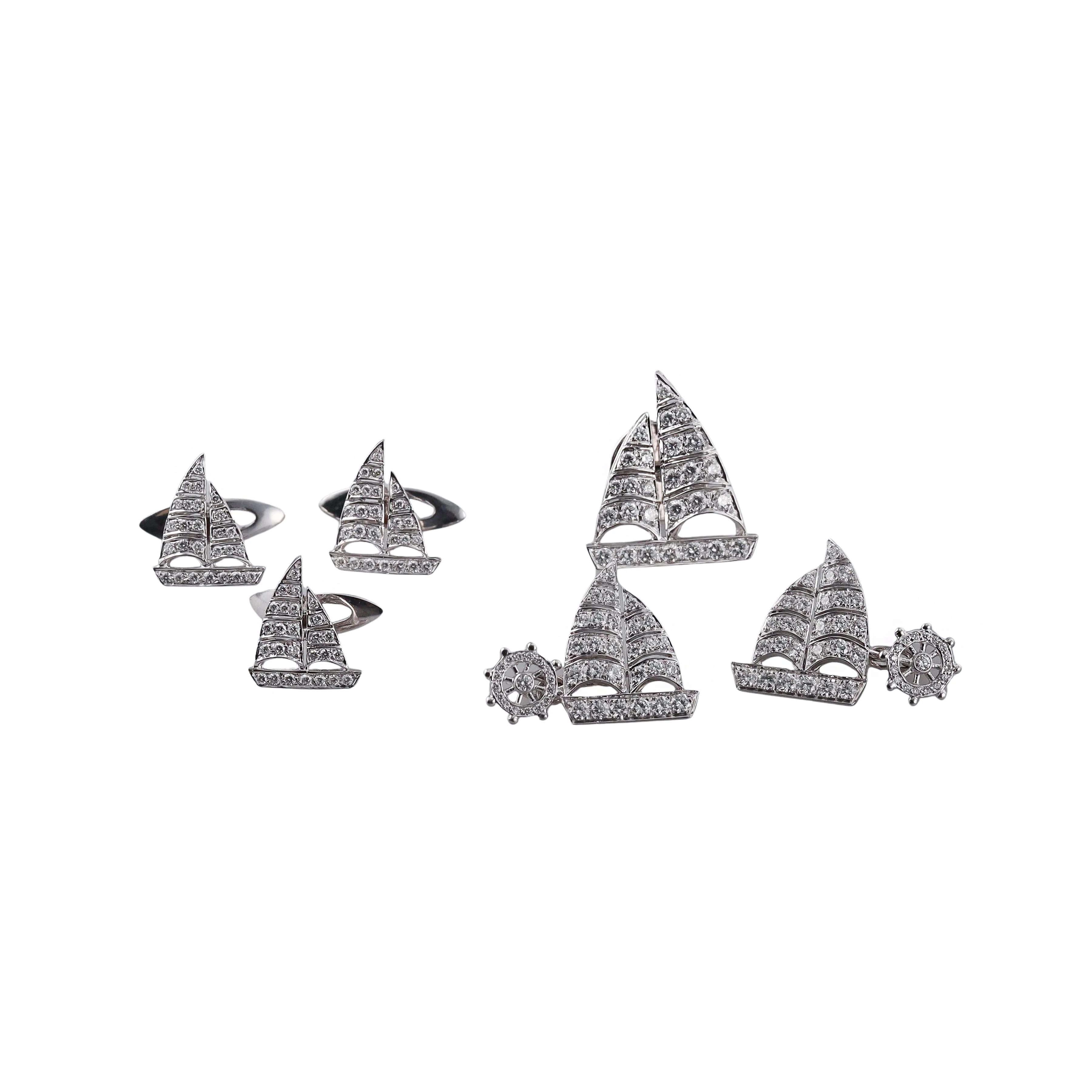 Diamond Platinum Gold Sailboat Cufflinks Stud Pin Tuxedo Dress Set