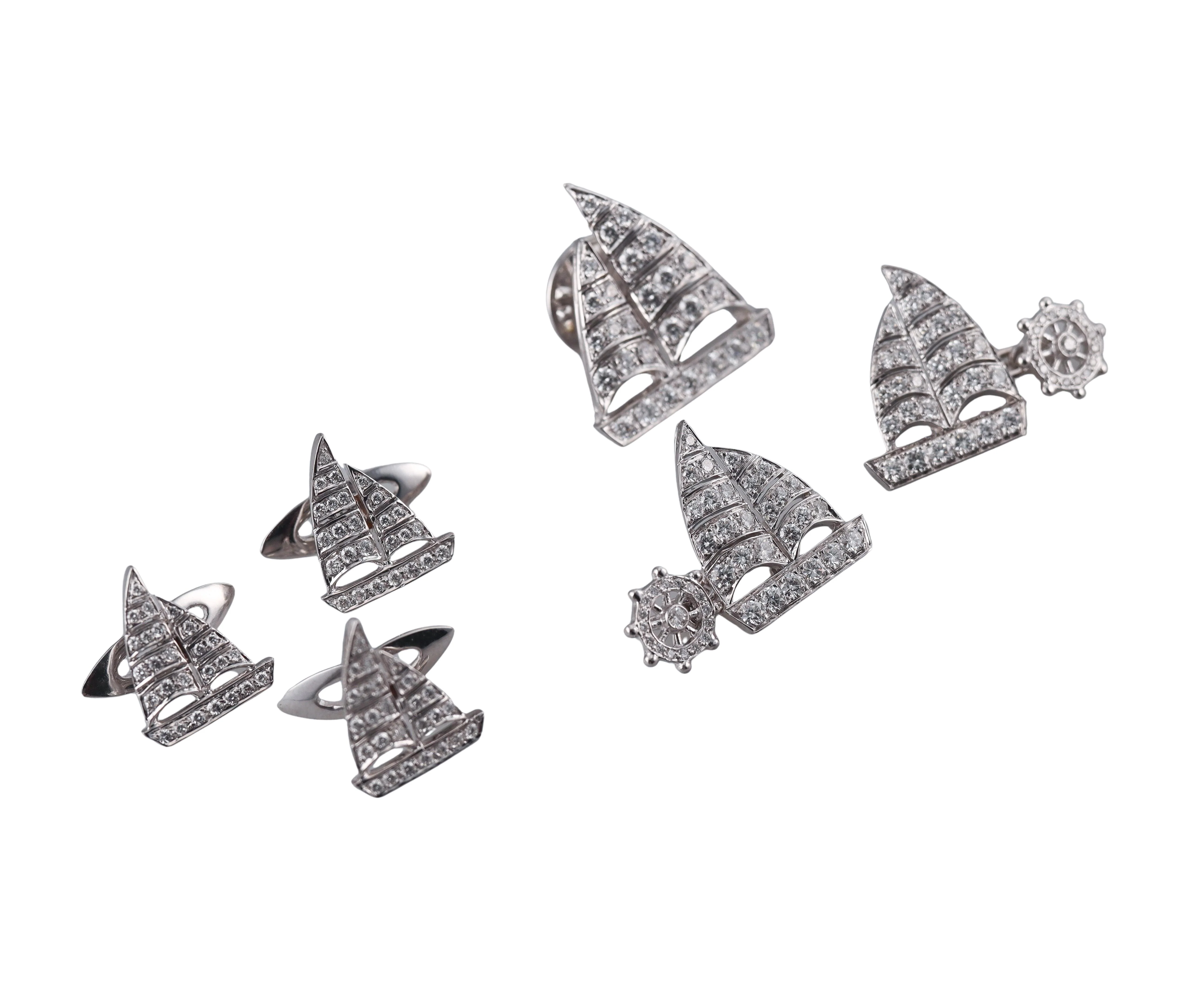 Diamond Platinum Gold Sailboat Cufflinks Stud Pin Tuxedo Dress Set