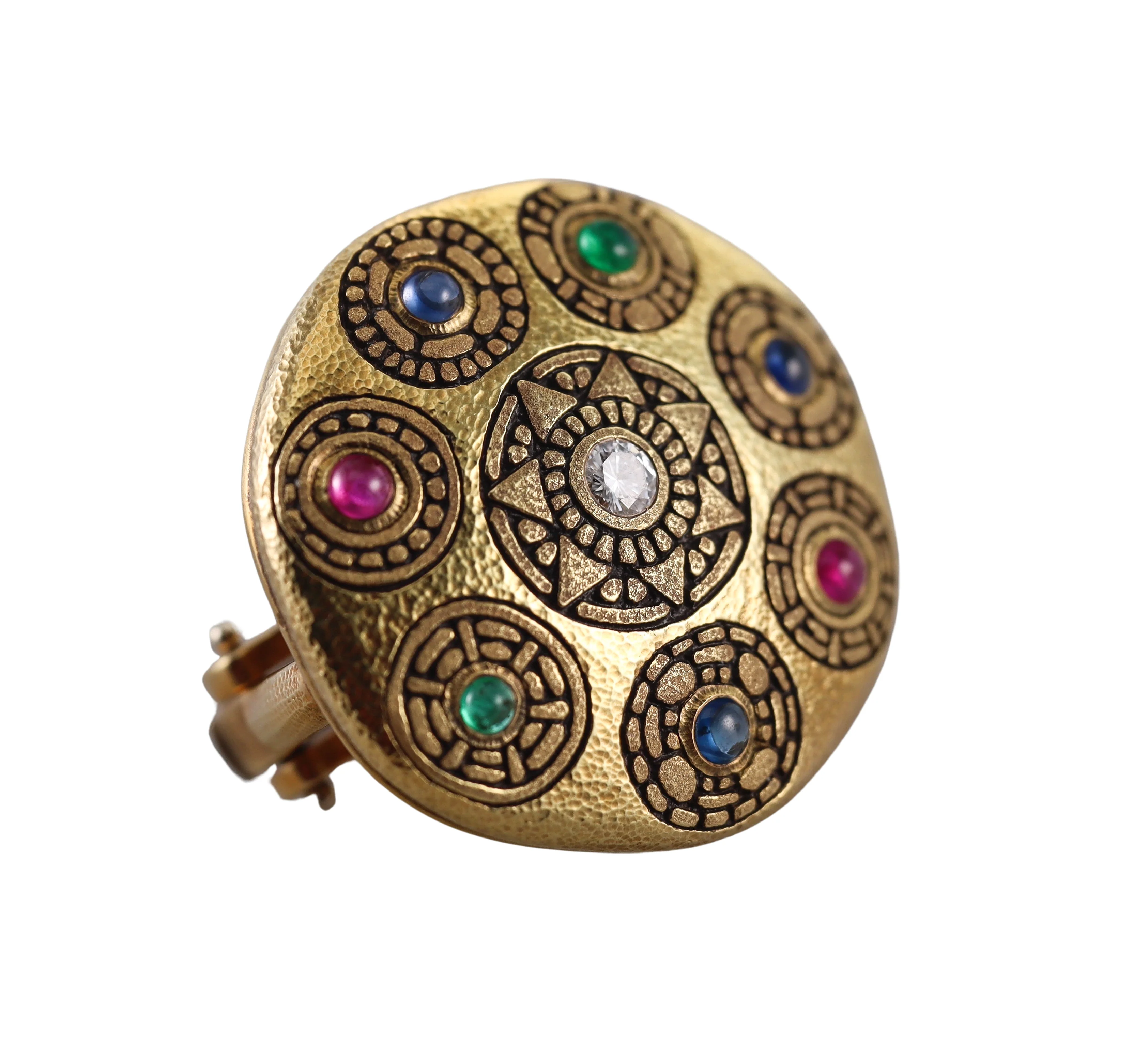 Alex Sepkus Aztec Ruby Emerald Sapphire Diamond Gold Earrings