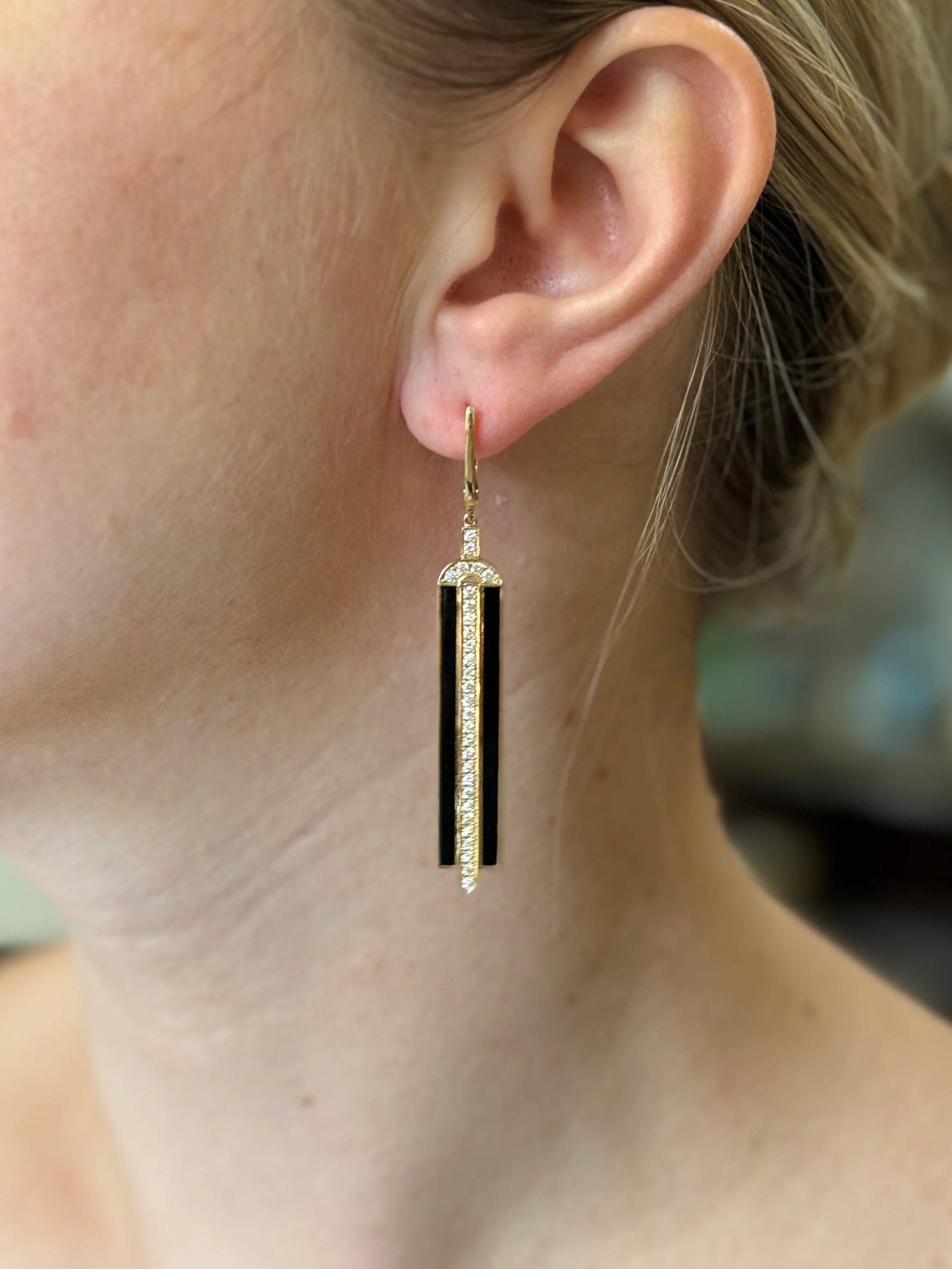 Doves Doron Paloma Diamond Onyx Gold Drop Earrings